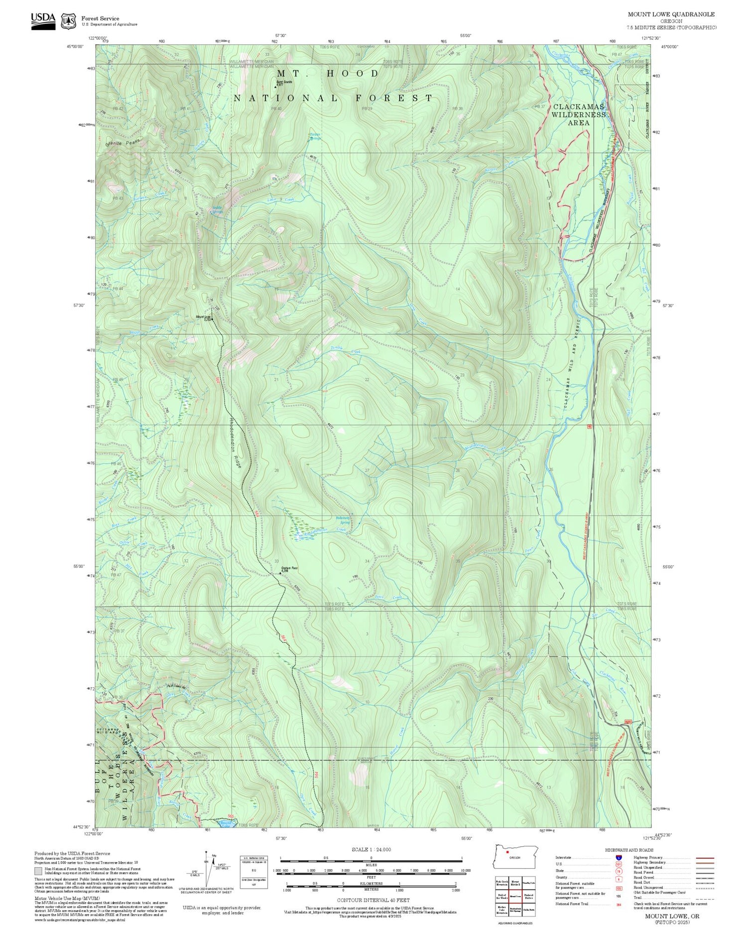 2025 Forest Service Topo Map of Mount Lowe Oregon