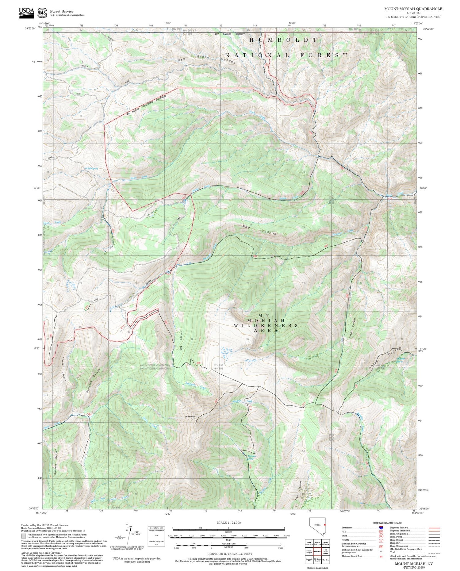 2025 Forest Service Topo Map of Mount Moriah Nevada