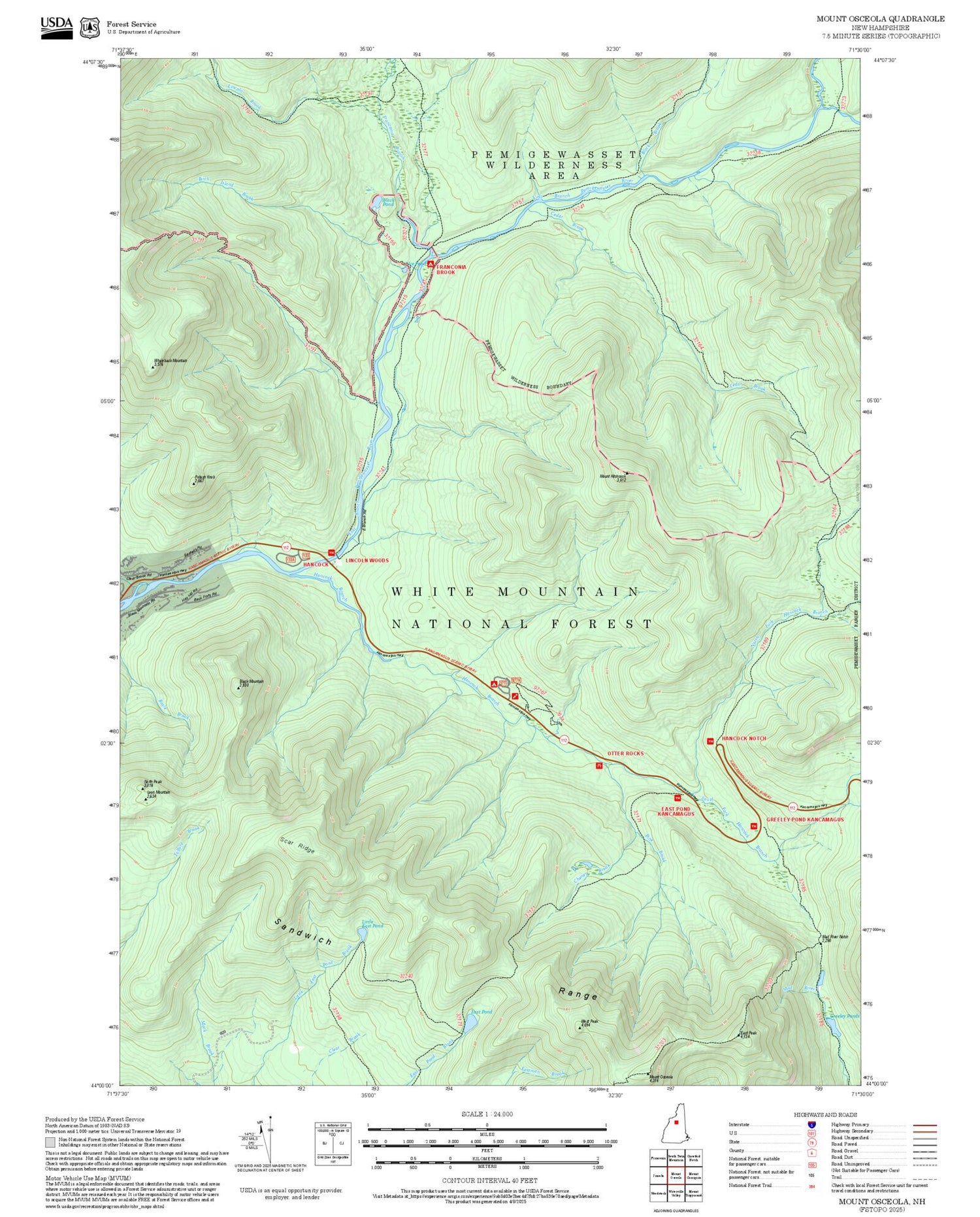 2025 Forest Service Topo Map of Mount Osceola New Hampshire