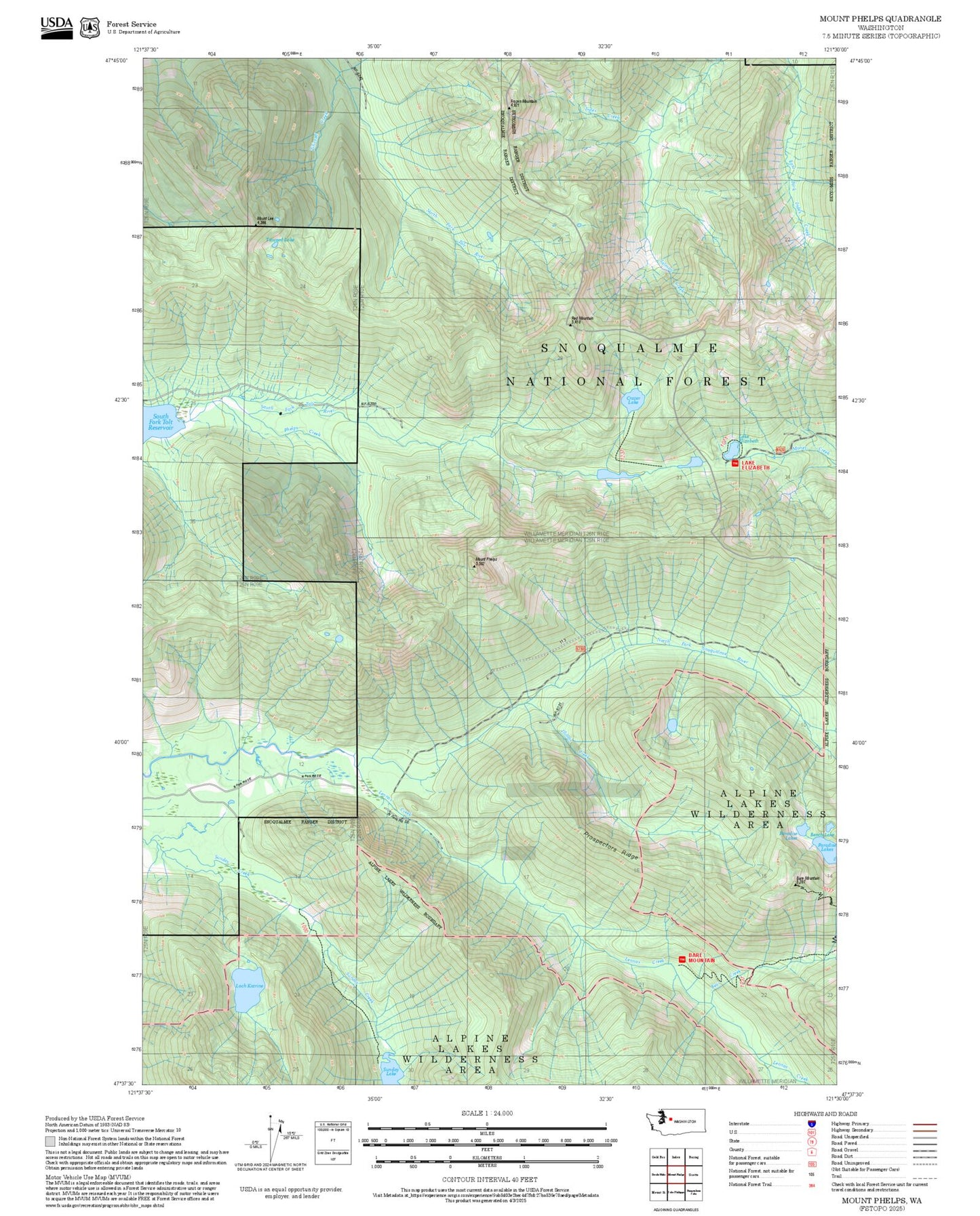 2025 Forest Service Topo Map of Mount Phelps Washington