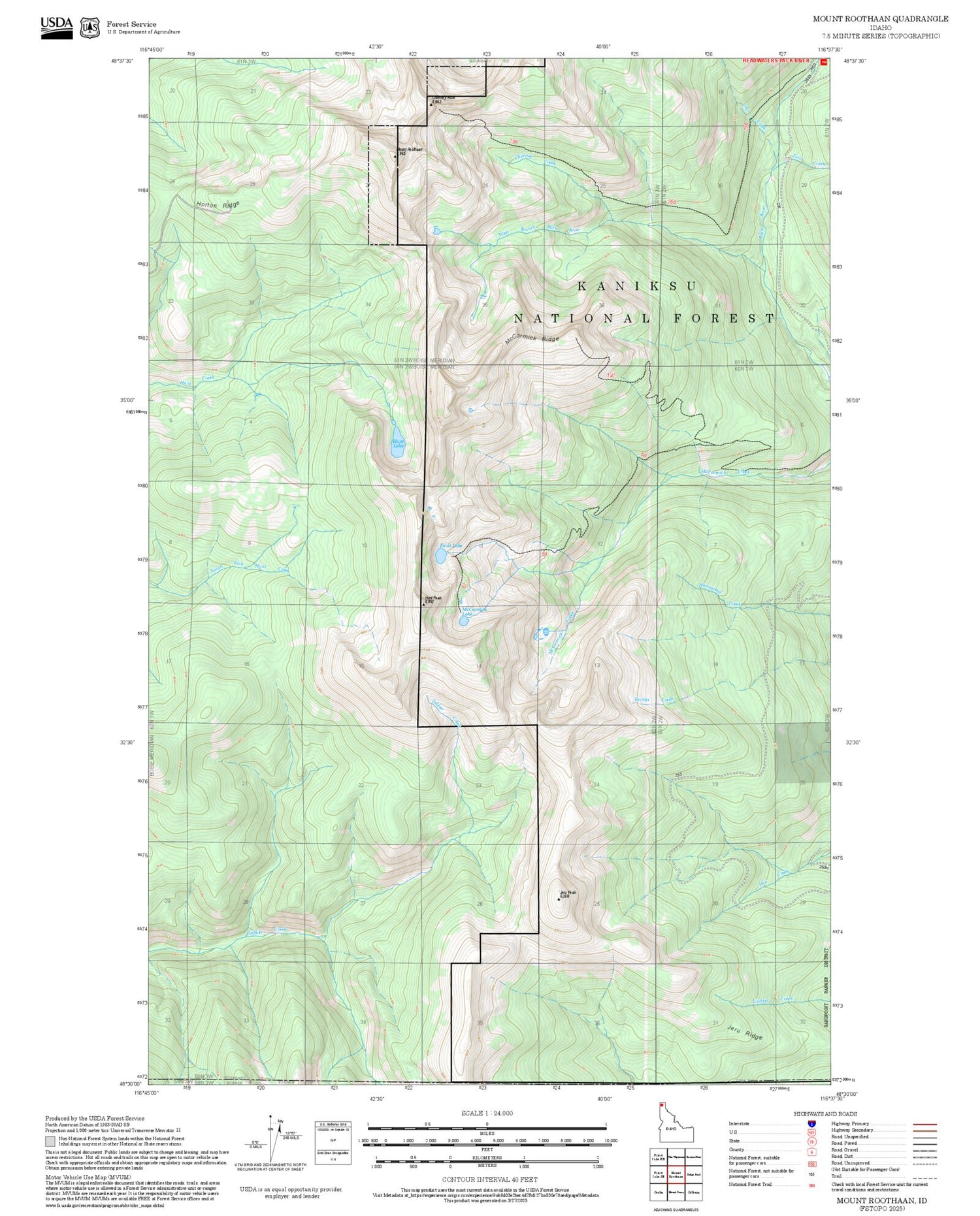 2025 Forest Service Topo Map of Mount Roothaan Idaho
