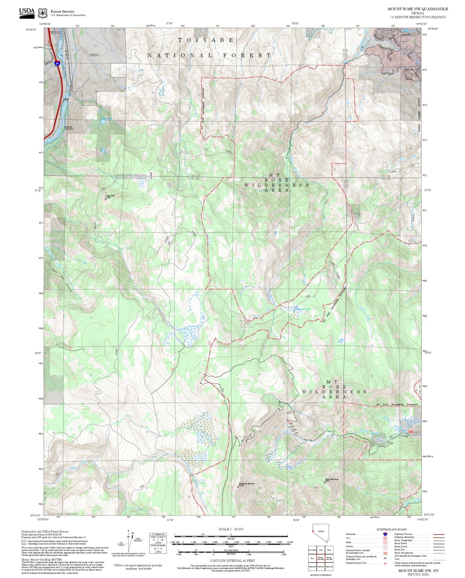 2025 Forest Service Topo Map of Mount Rose NW Nevada