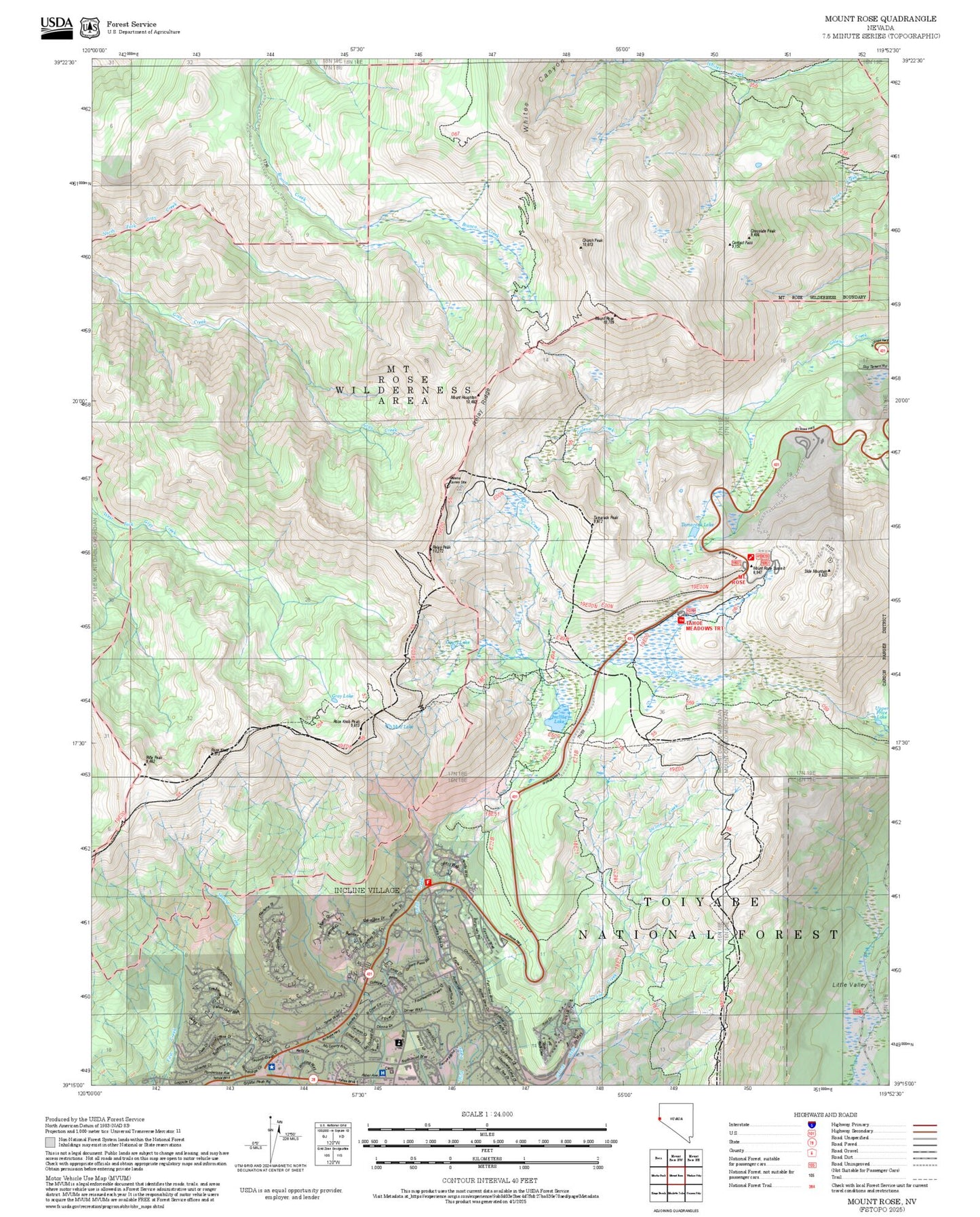 2025 Forest Service Topo Map of Mount Rose Nevada