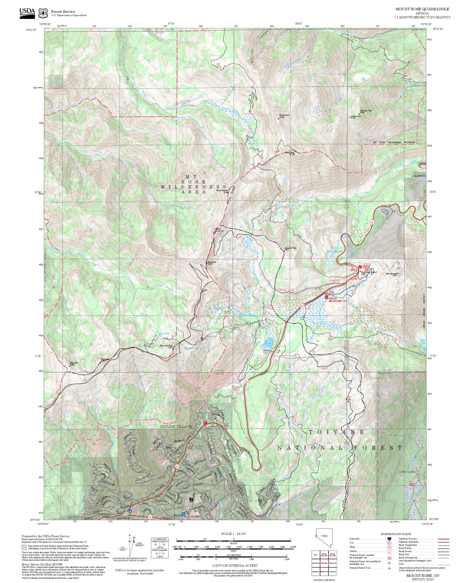 2025 Forest Service Topo Map of Mount Rose Nevada