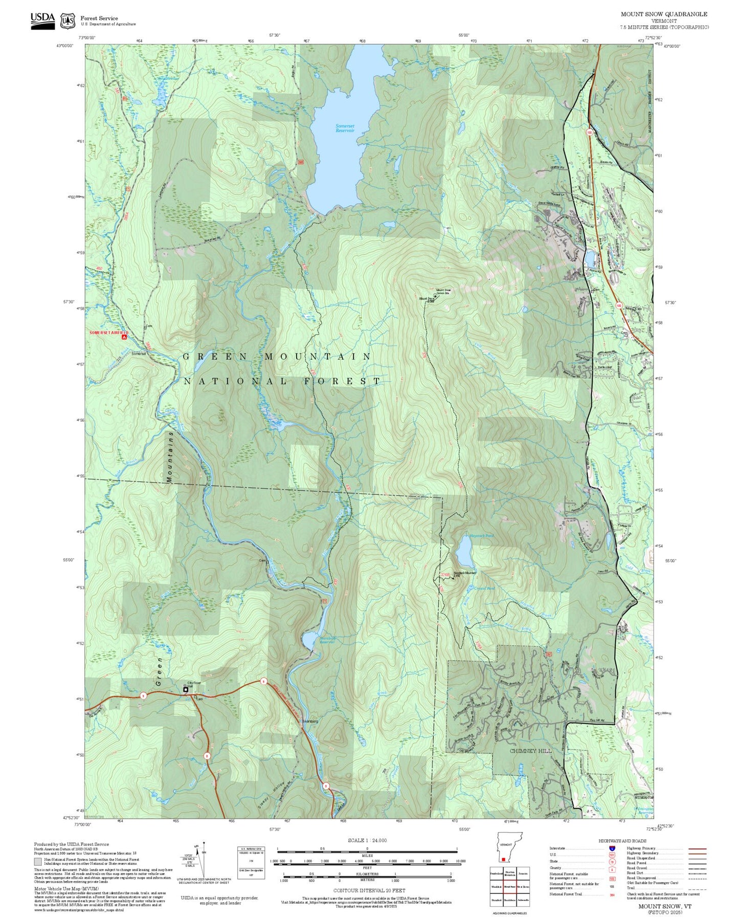 2025 Forest Service Topo Map of Mount Snow Vermont