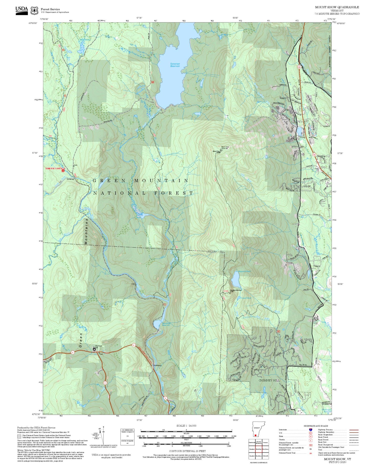 2025 Forest Service Topo Map of Mount Snow Vermont