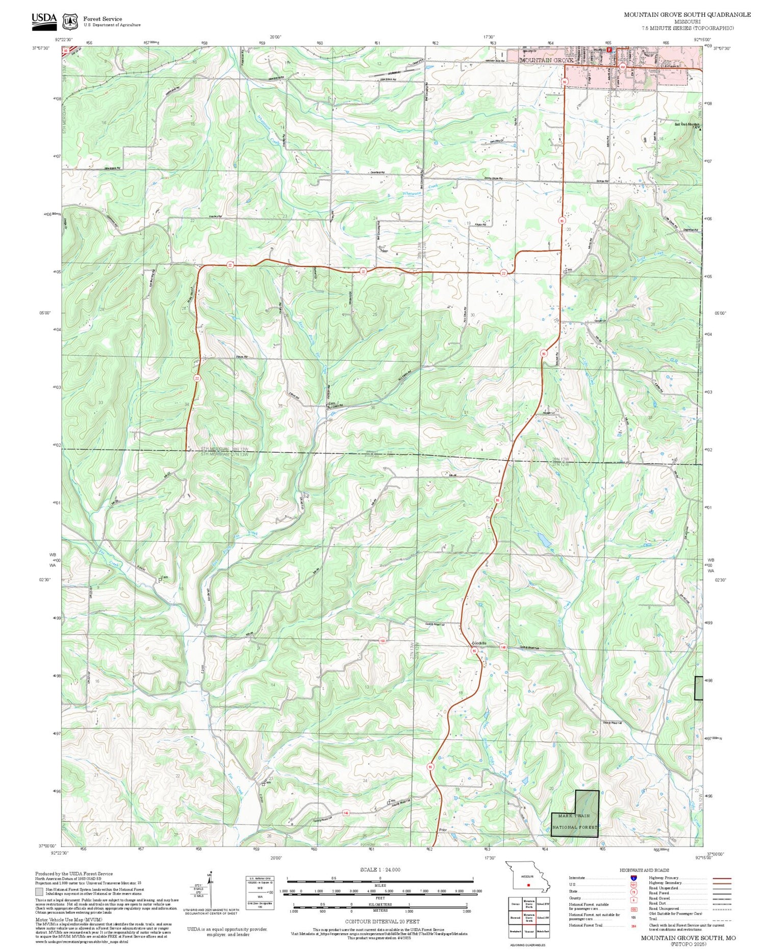 2025 Forest Service Topo Map of Mountain Grove South Missouri