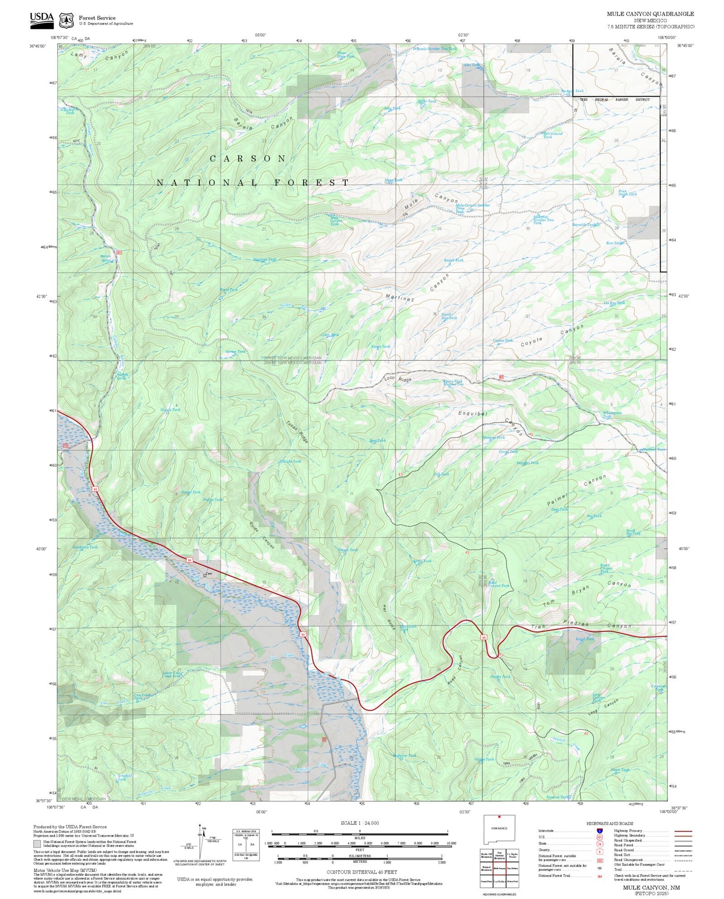 2025 Forest Service Topo Map of Mule Canyon New Mexico