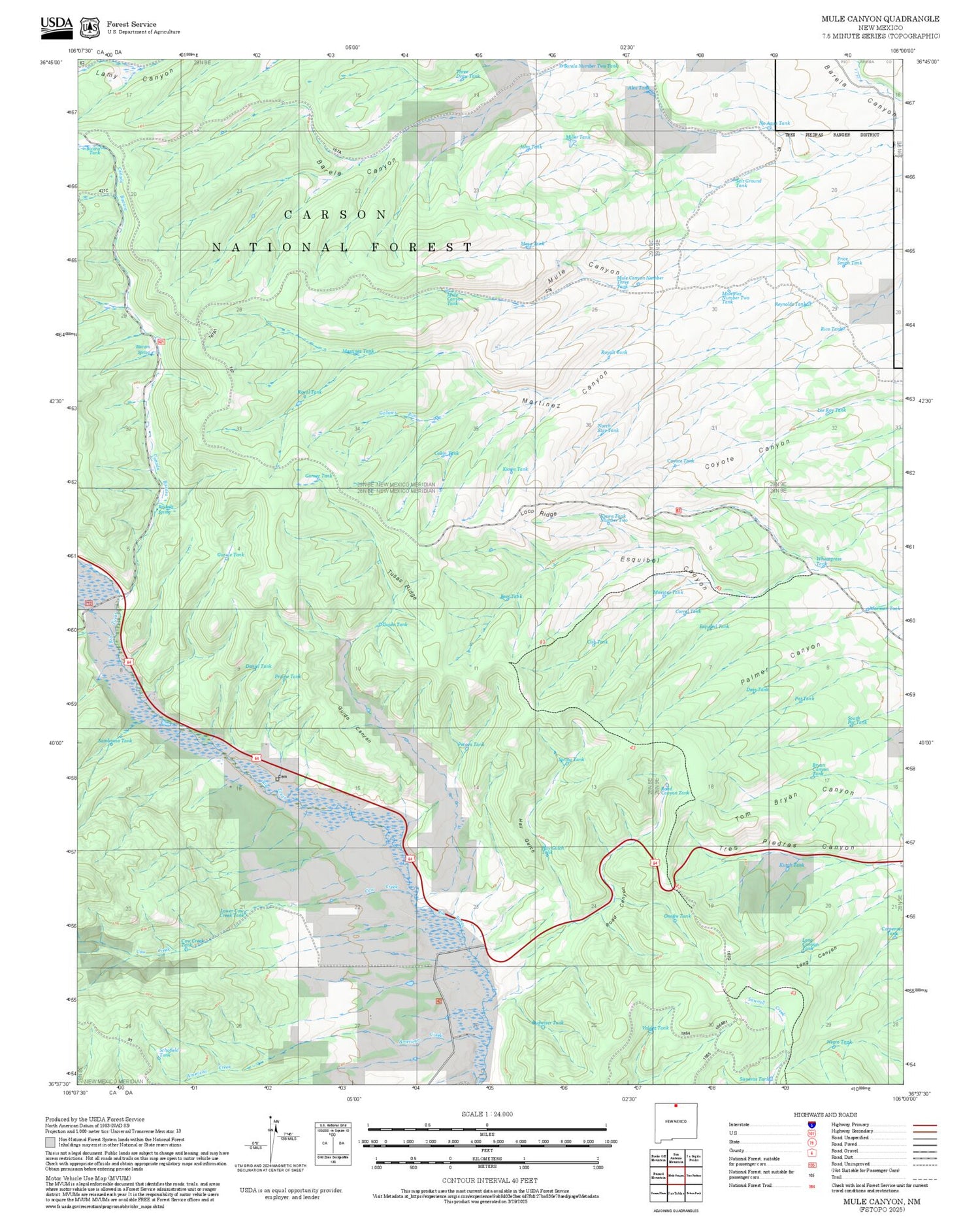 2025 Forest Service Topo Map of Mule Canyon New Mexico