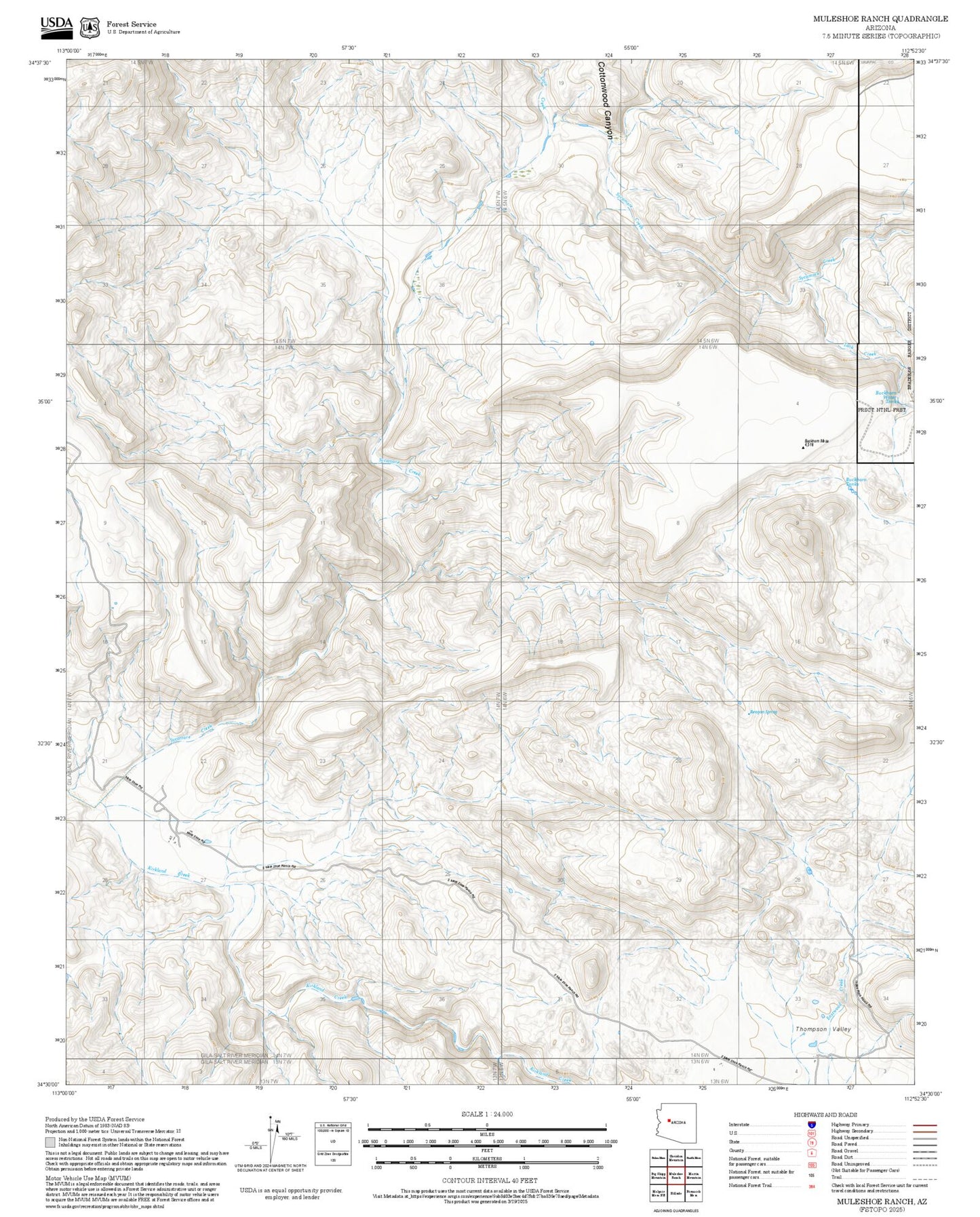 2025 Forest Service Topo Map of Muleshoe Ranch Arizona