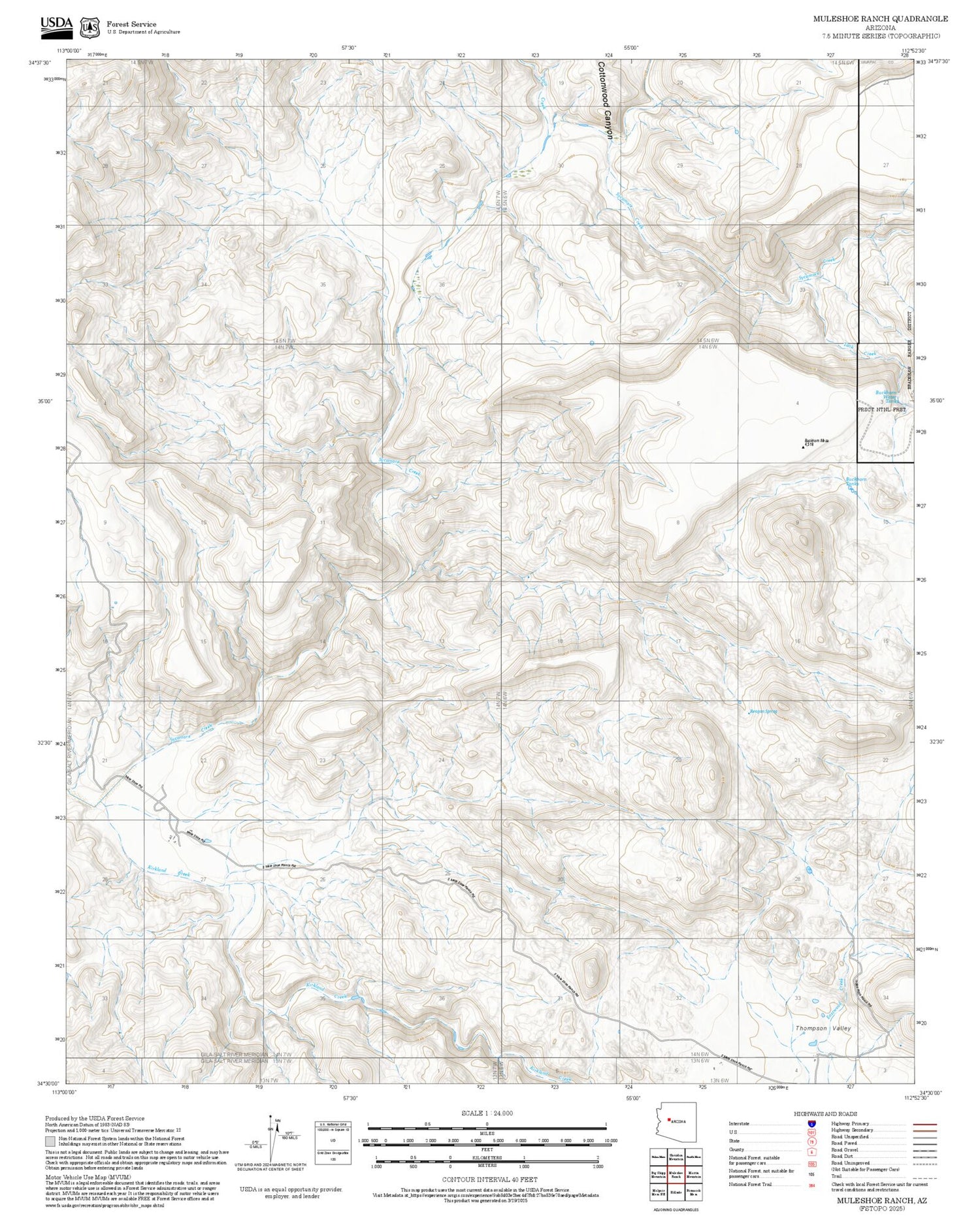 2025 Forest Service Topo Map of Muleshoe Ranch Arizona
