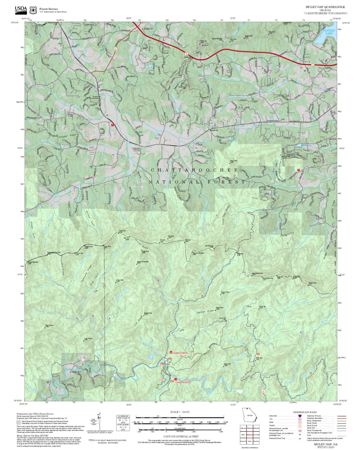 2025 Forest Service Topo Map of Mulky Gap Georgia