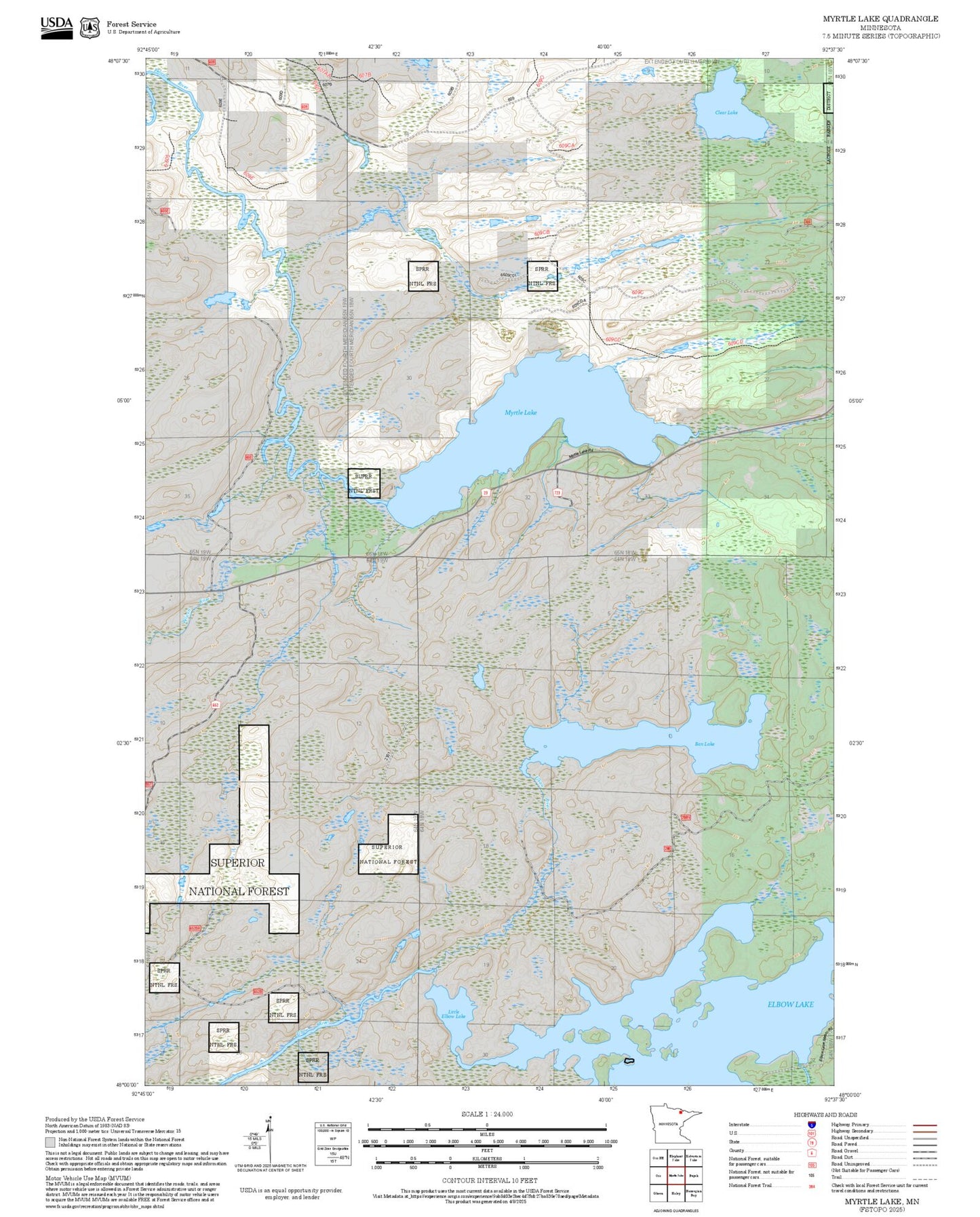 2025 Forest Service Topo Map of Myrtle Lake Minnesota