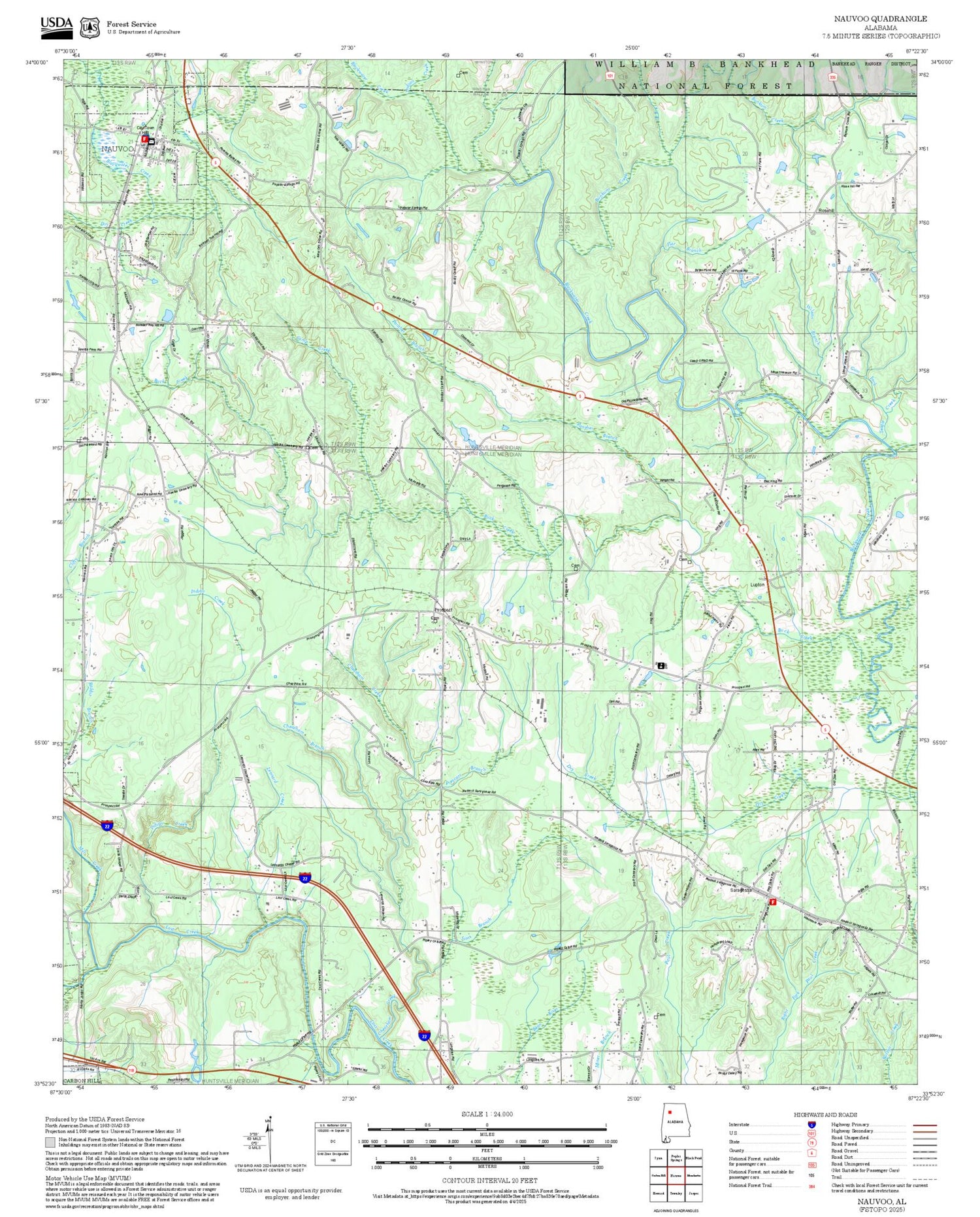 2025 Forest Service Topo Map of Nauvoo Alabama