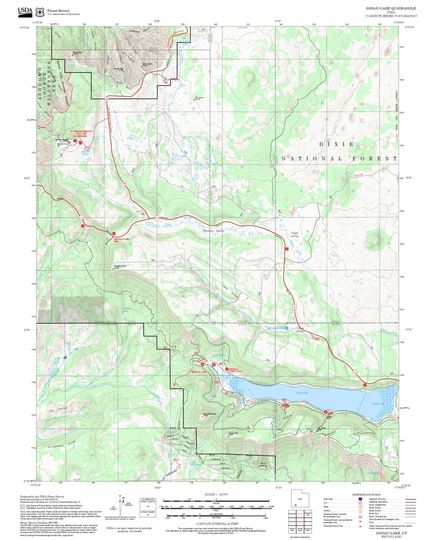 2025 Forest Service Topo Map of Navajo Lake Utah