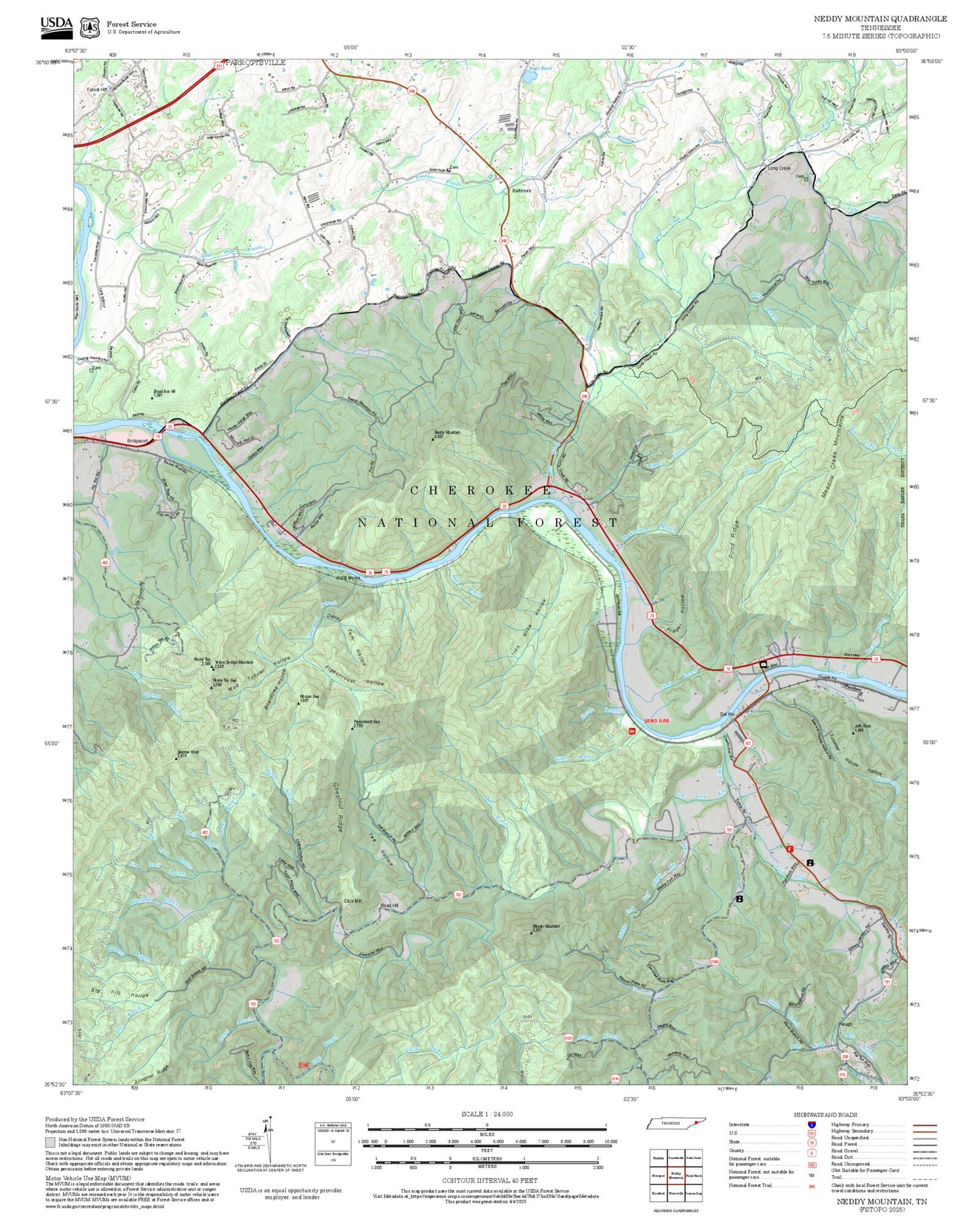 2025 Forest Service Topo Map of Neddy Mountain Tennessee
