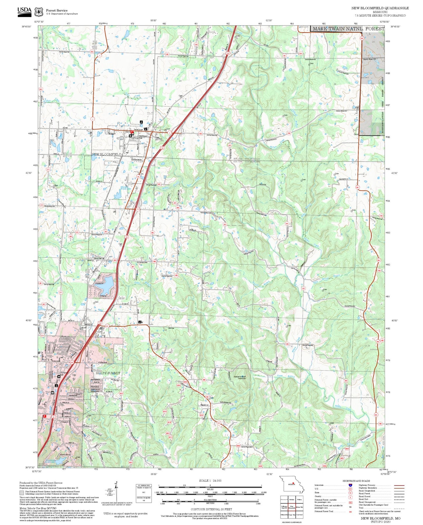 2025 Forest Service Topo Map of New Bloomfield Missouri