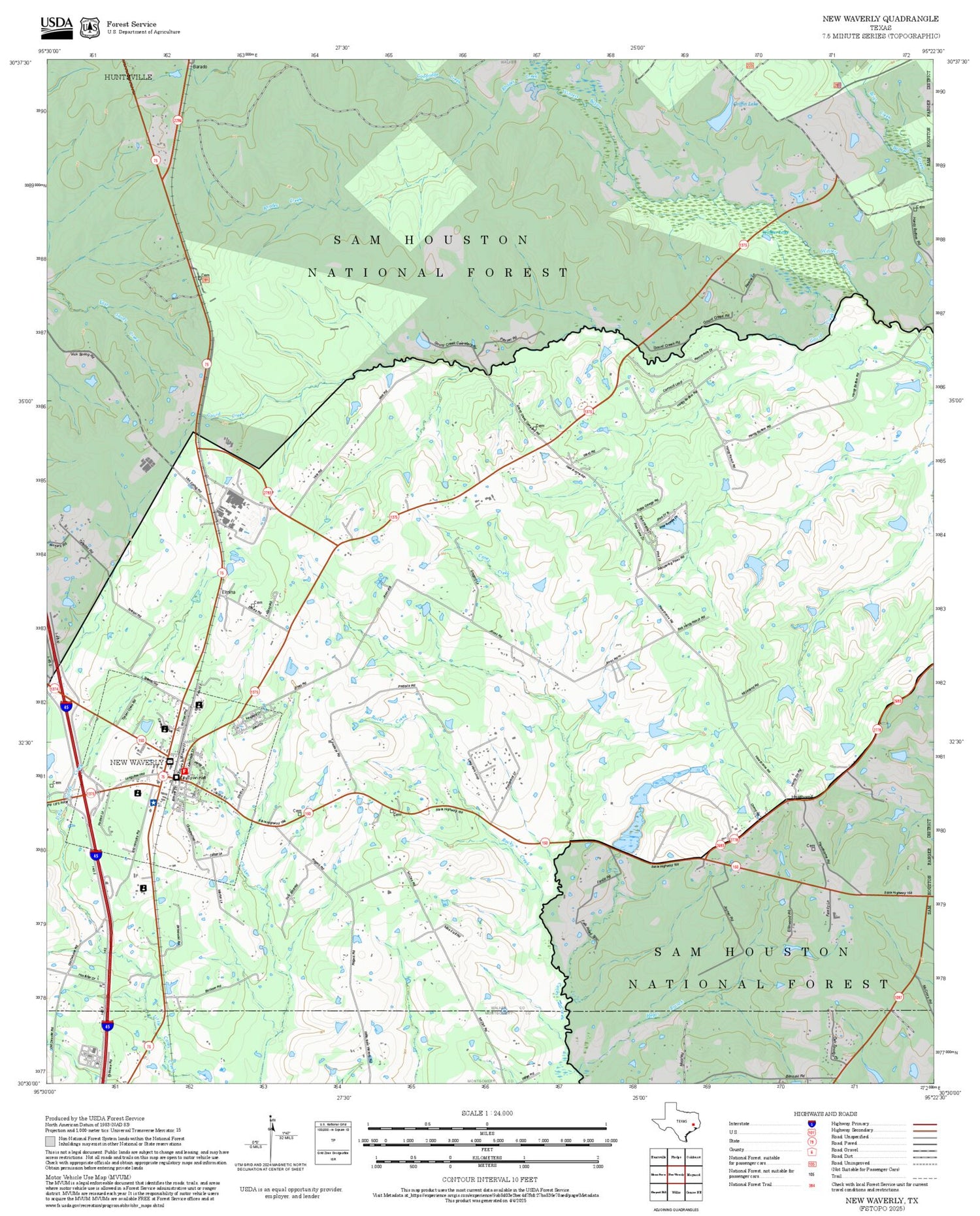 2025 Forest Service Topo Map of New Waverly Texas