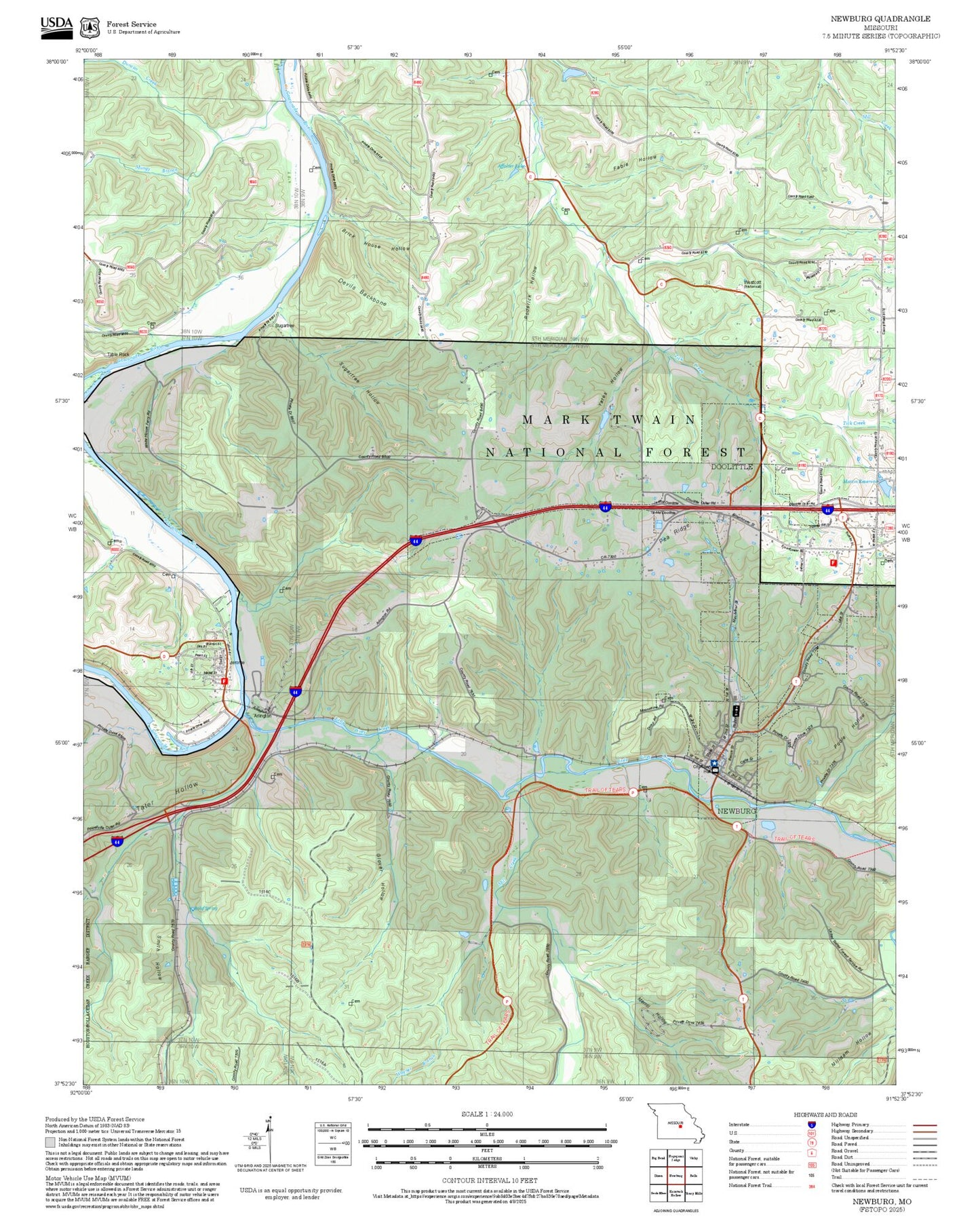 2025 Forest Service Topo Map of Newburg Missouri