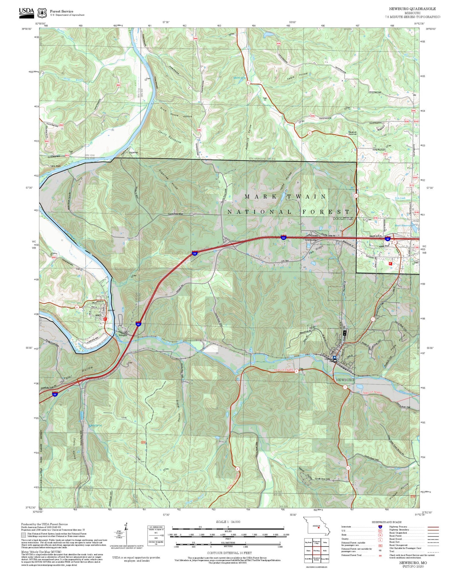 2025 Forest Service Topo Map of Newburg Missouri