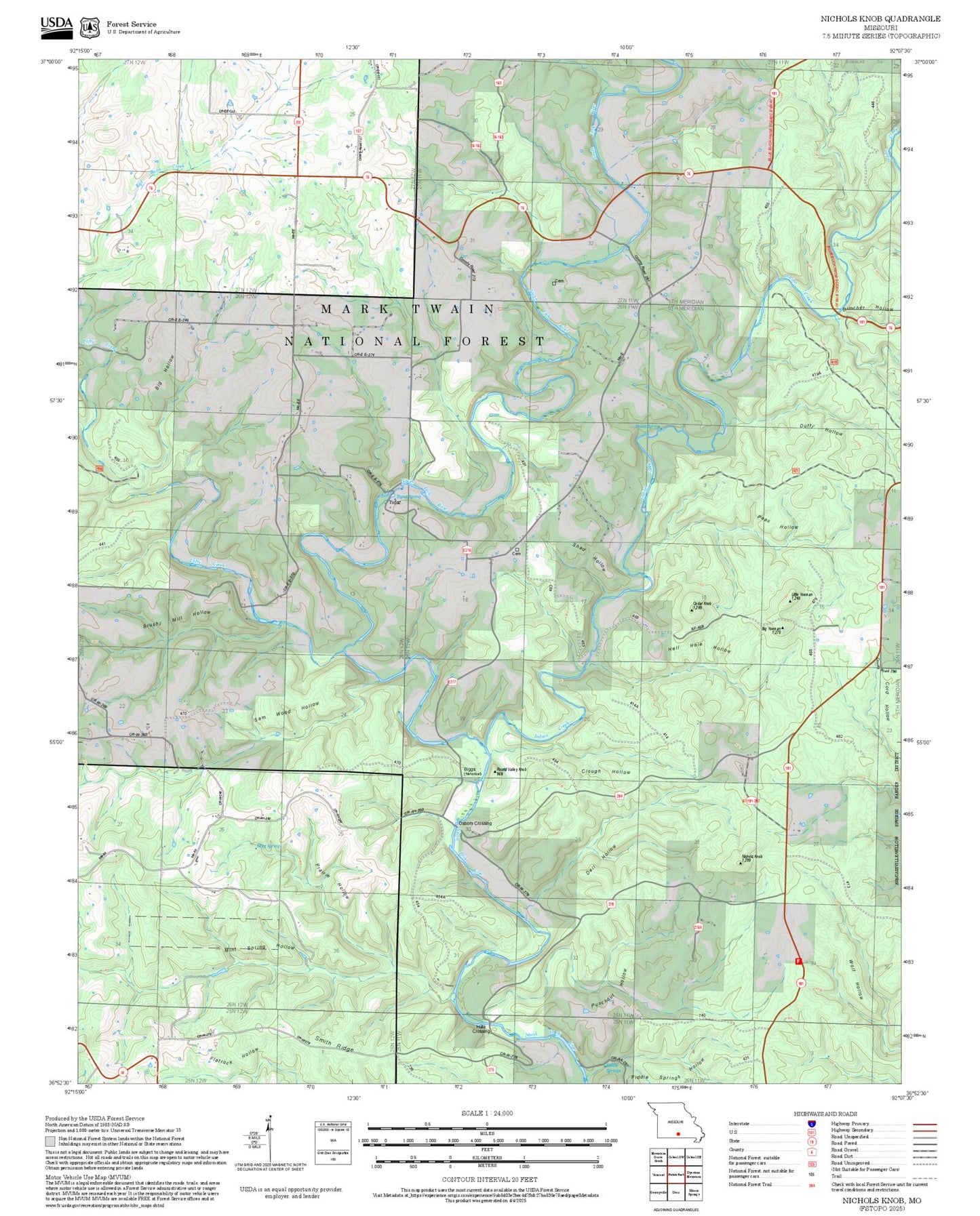 2025 Forest Service Topo Map of Nichols Knob Missouri