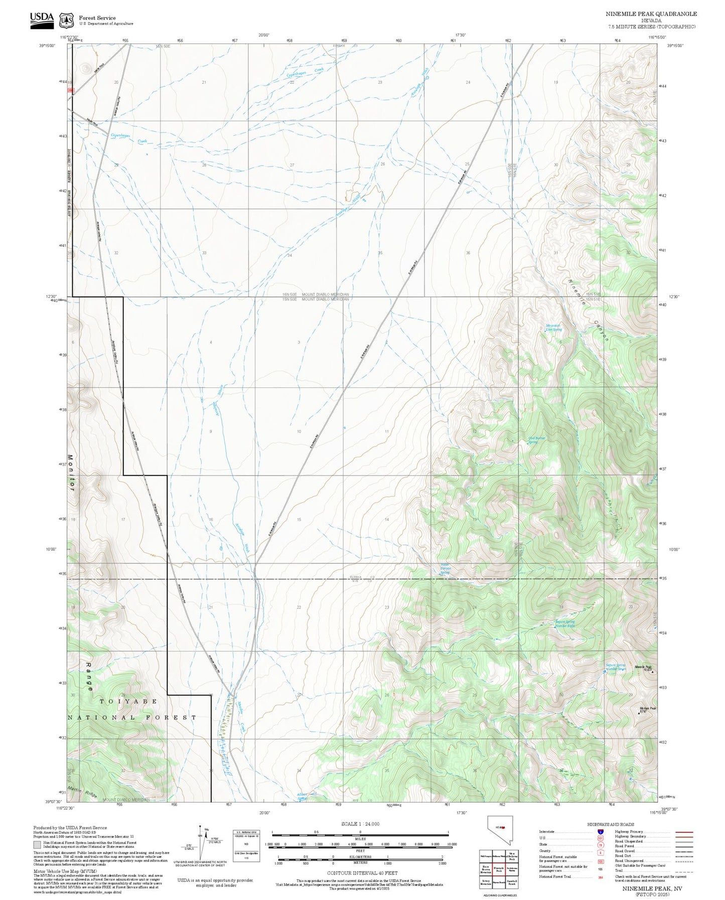 2025 Forest Service Topo Map of Ninemile Peak Nevada