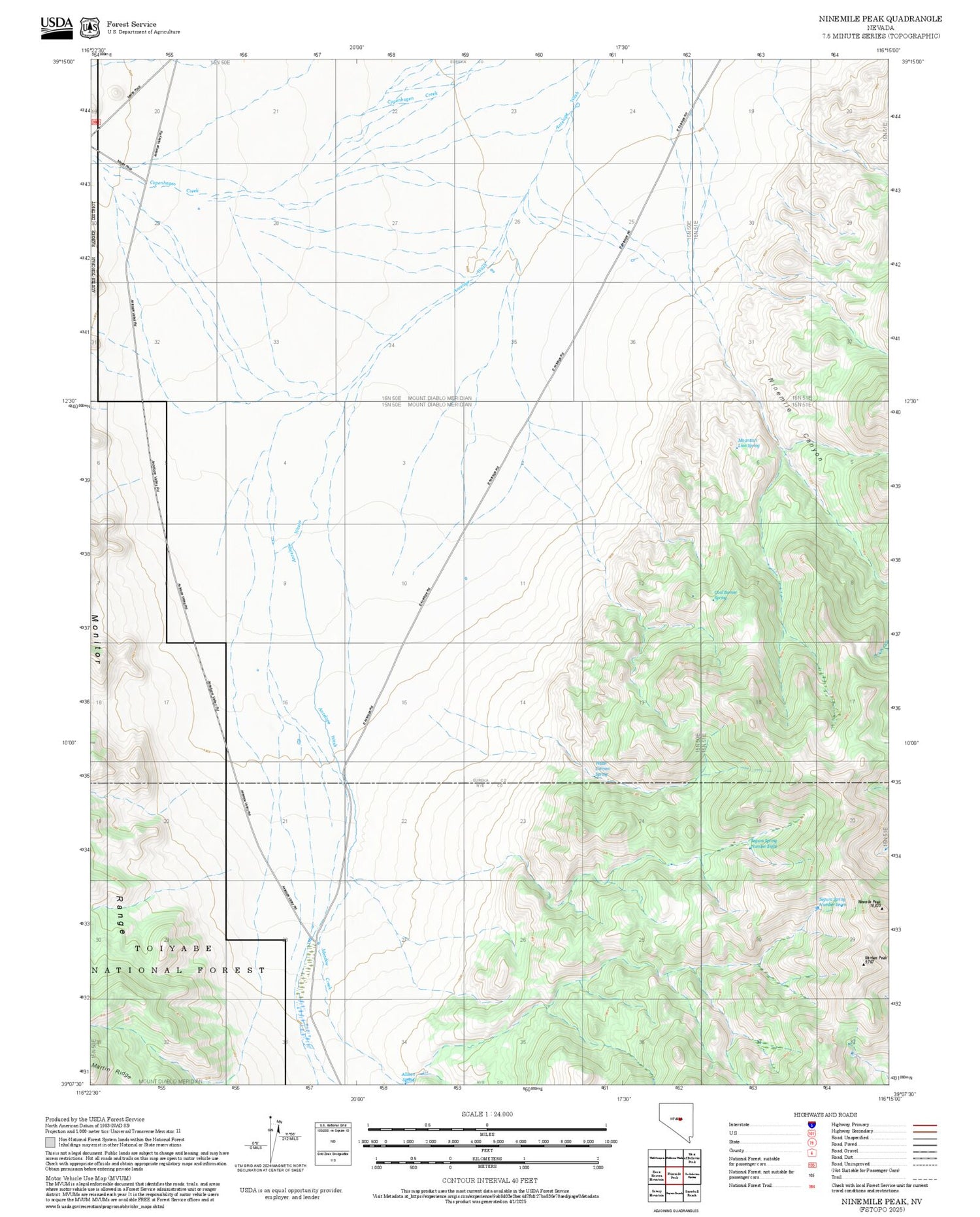 2025 Forest Service Topo Map of Ninemile Peak Nevada