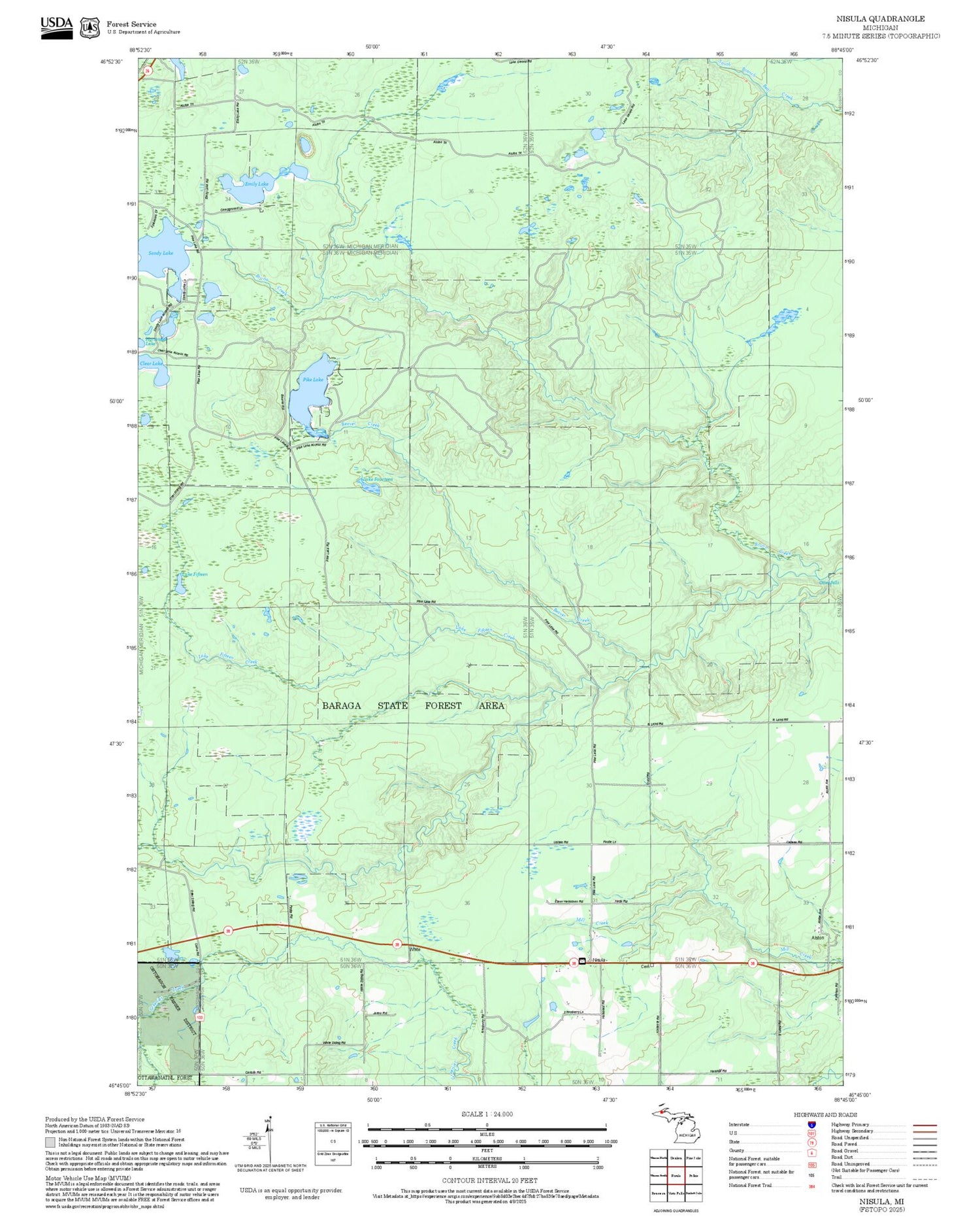 2025 Forest Service Topo Map of Nisula Michigan