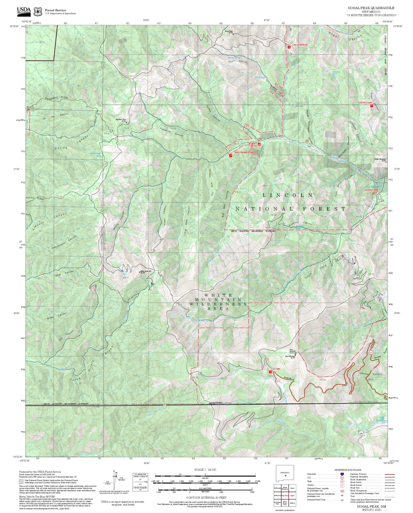 2025 Forest Service Topo Map of Nogal Peak New Mexico