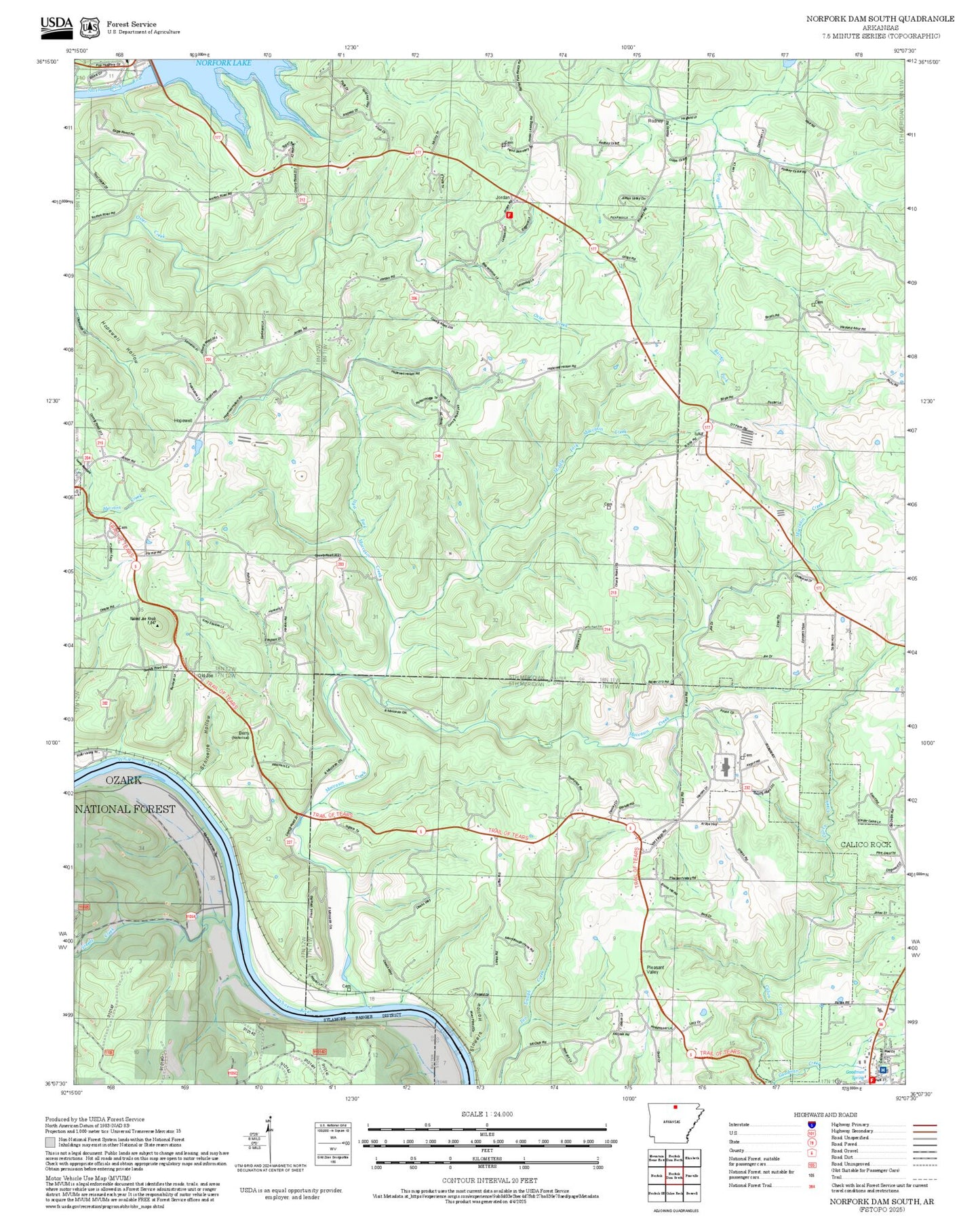 2025 Forest Service Topo Map of Norfork Dam South Arkansas