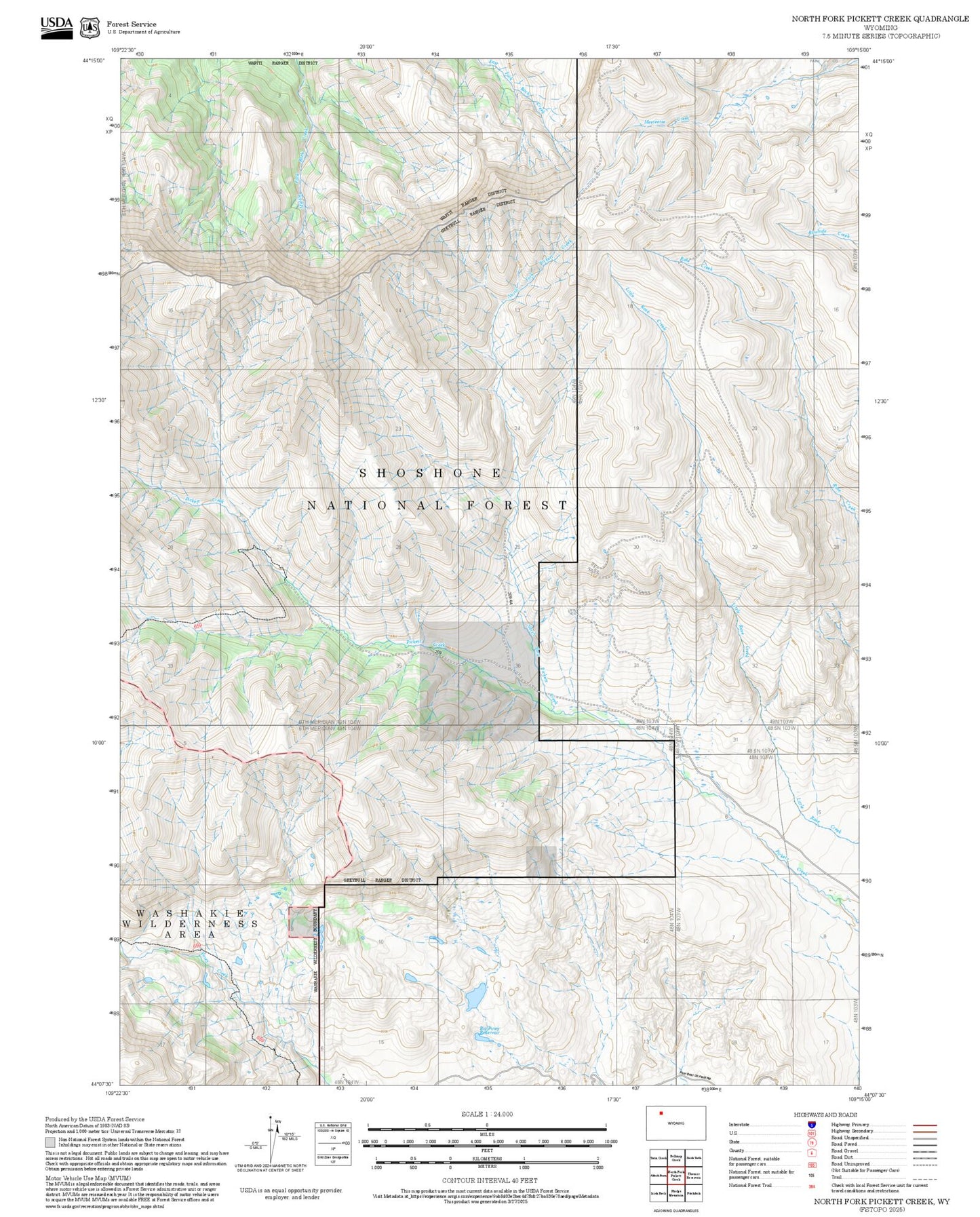 2025 Forest Service Topo Map of North Fork Pickett Creek Wyoming