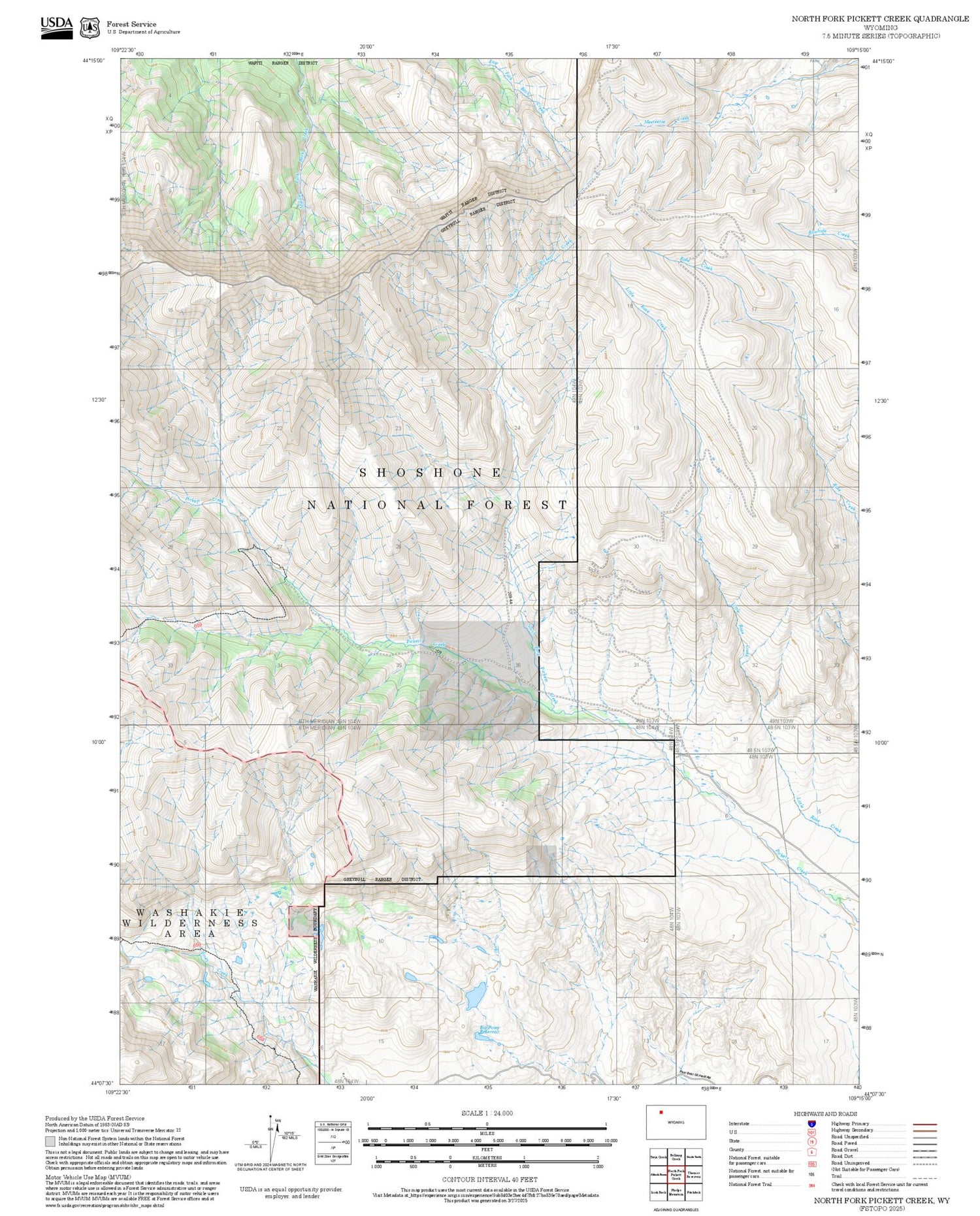 2025 Forest Service Topo Map of North Fork Pickett Creek Wyoming