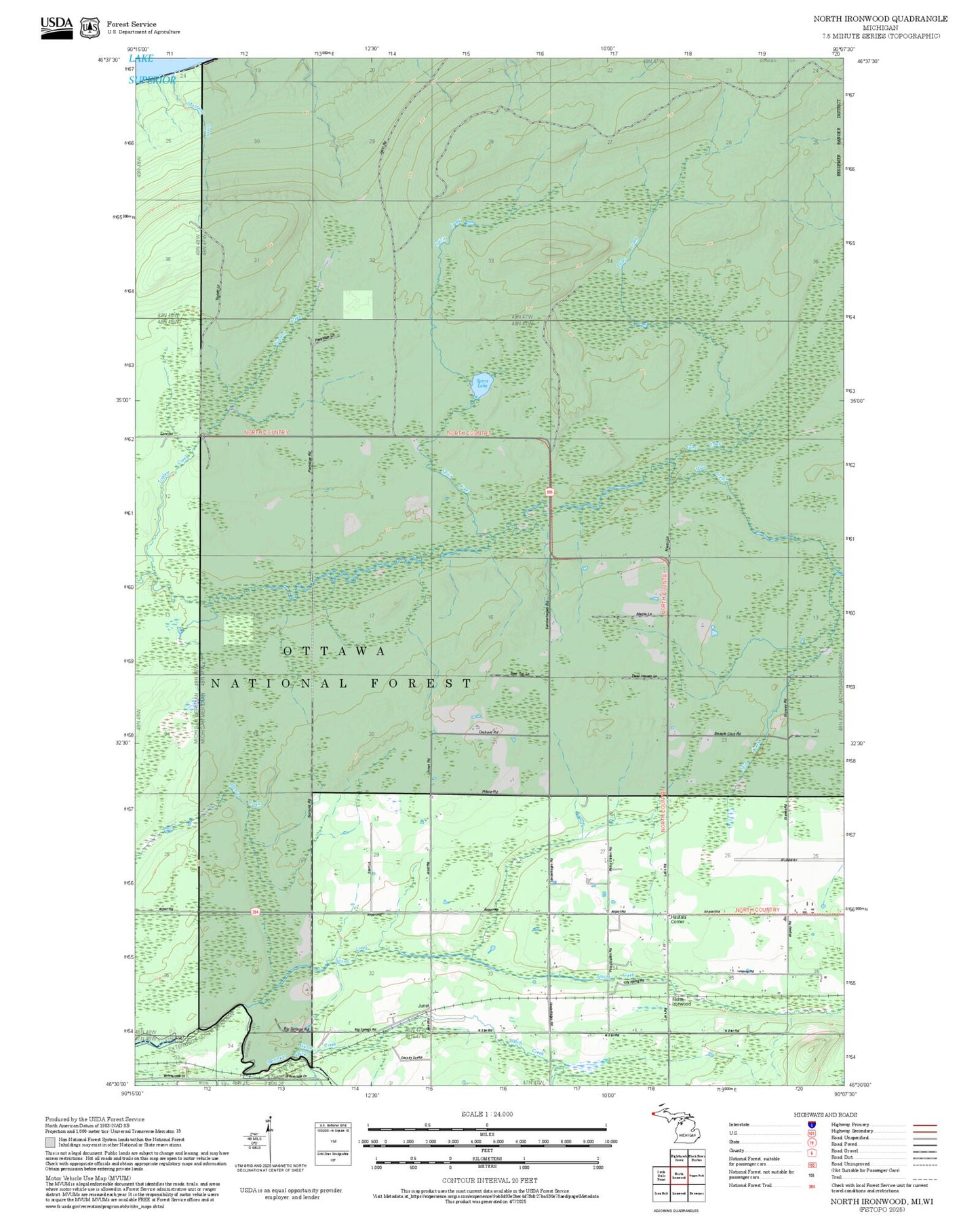 2025 Forest Service Topo Map of North Ironwood Michigan