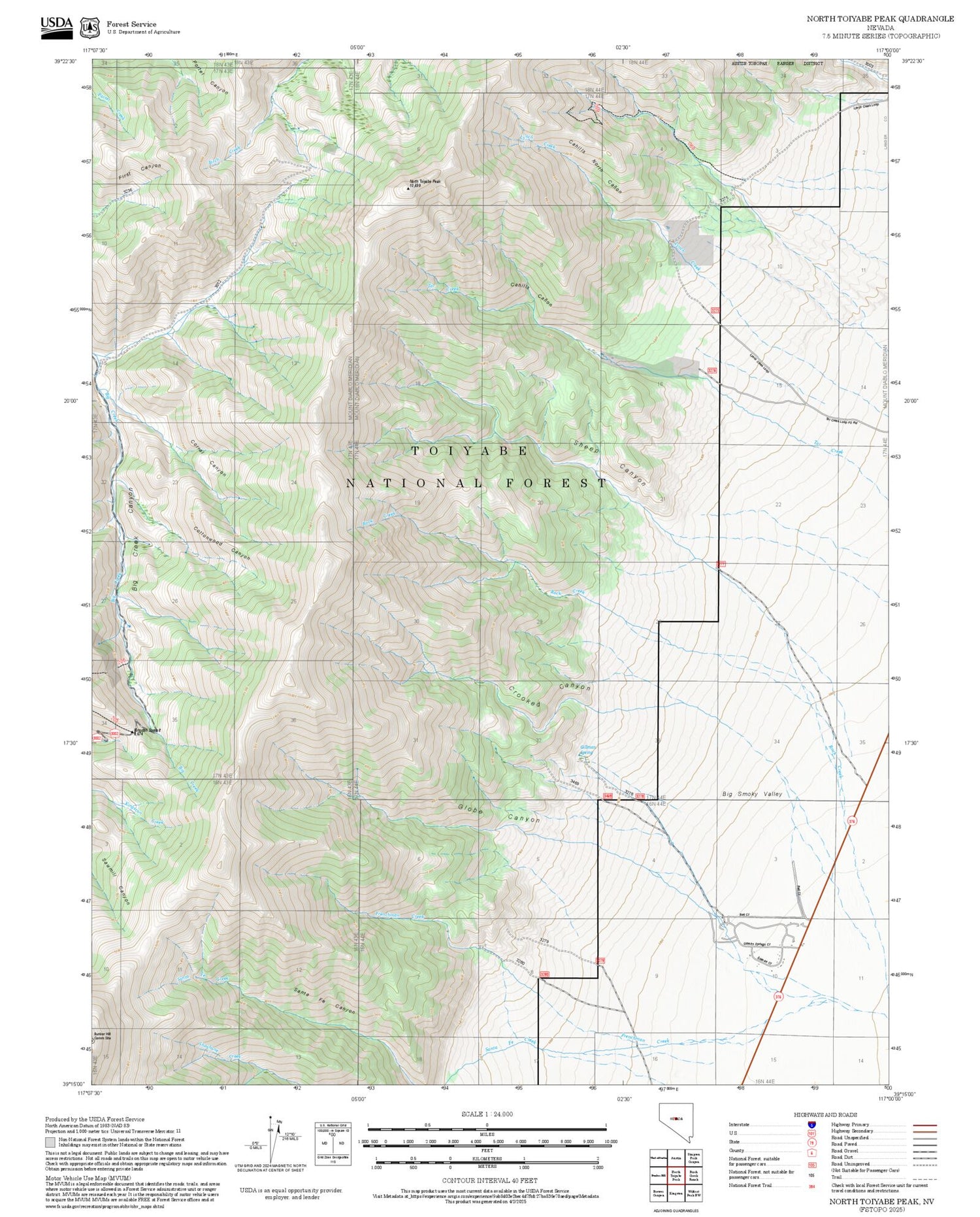 2025 Forest Service Topo Map of North Toiyabe Peak Nevada
