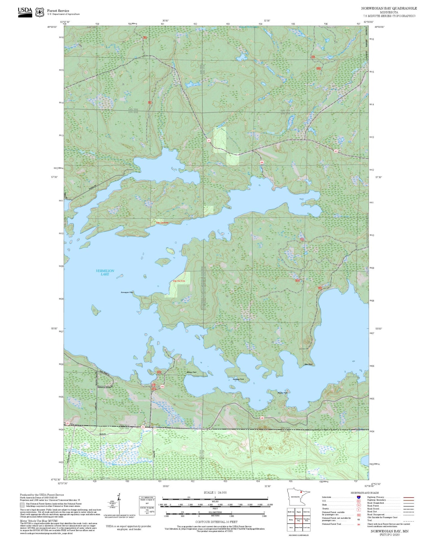 2025 Forest Service Topo Map of Norwegian Bay Minnesota
