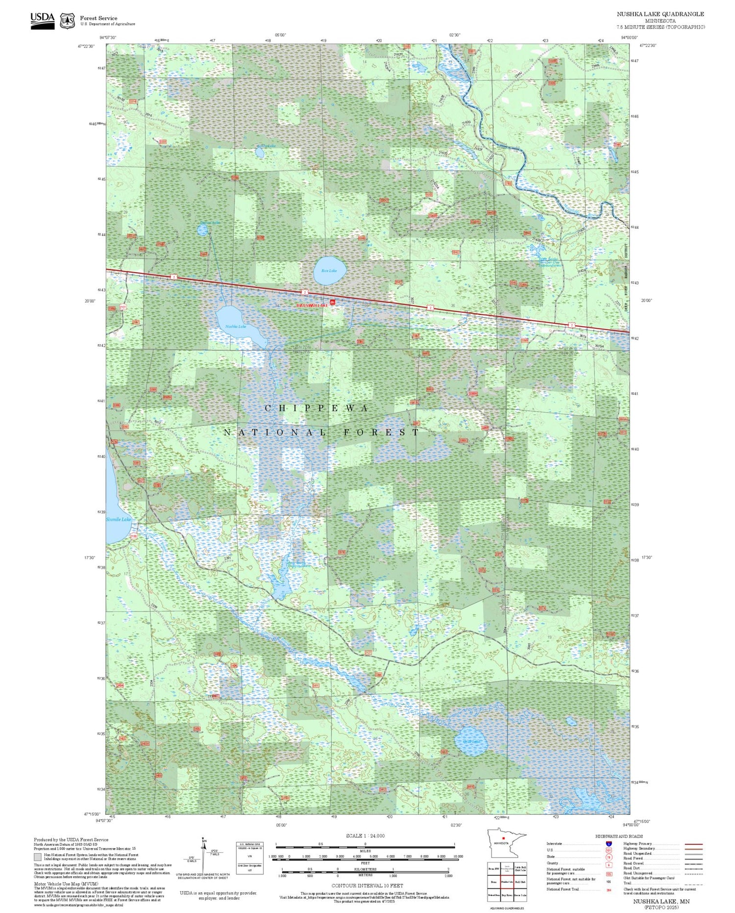2025 Forest Service Topo Map of Nushka Lake Minnesota