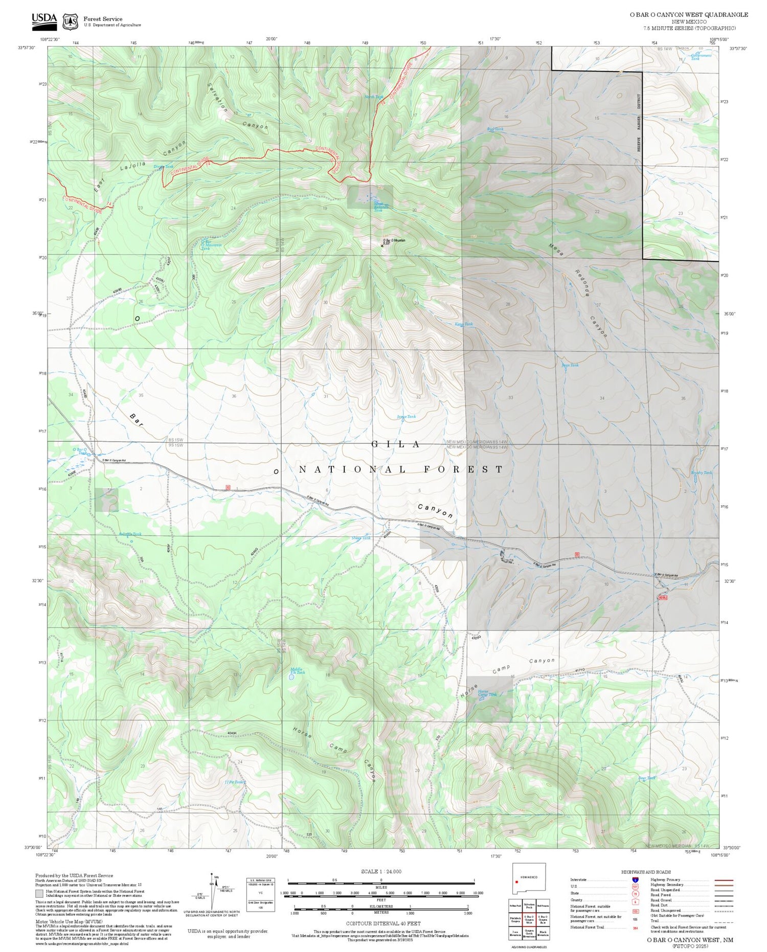 2025 Forest Service Topo Map of O Bar O Canyon West New Mexico