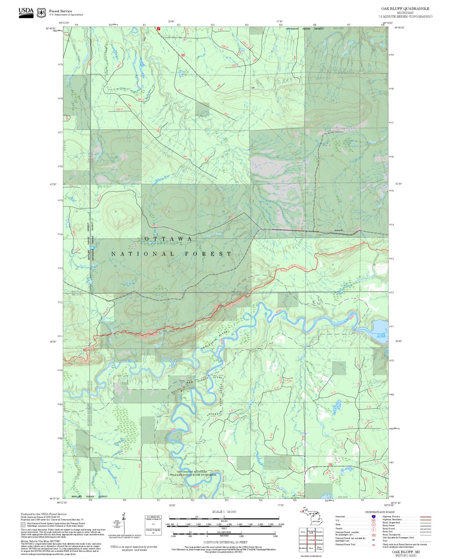 2025 Forest Service Topo Map of Oak Bluff Michigan