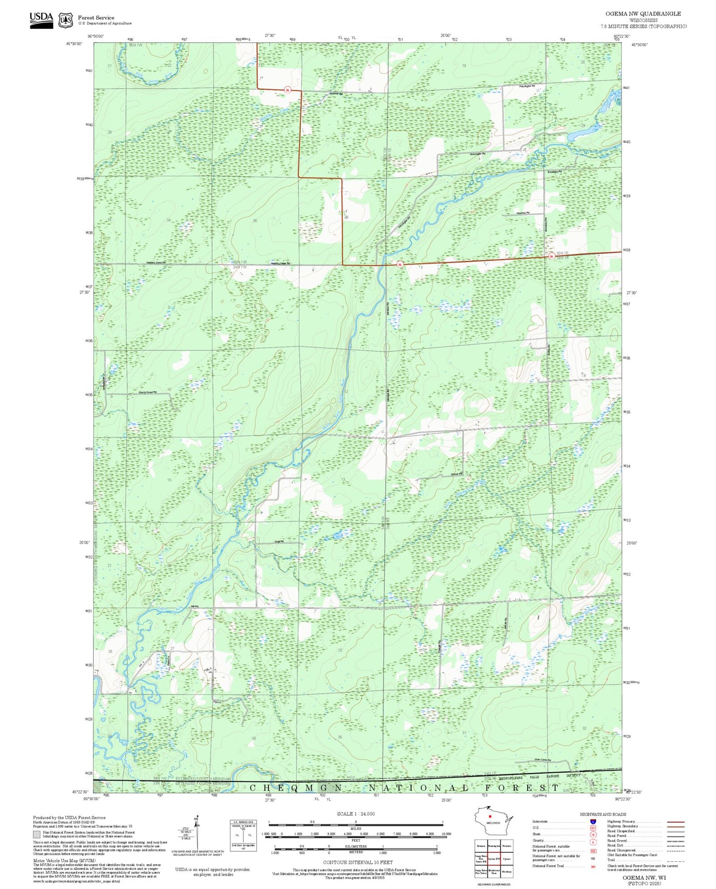 2025 Forest Service Topo Map of Ogema NW Wisconsin