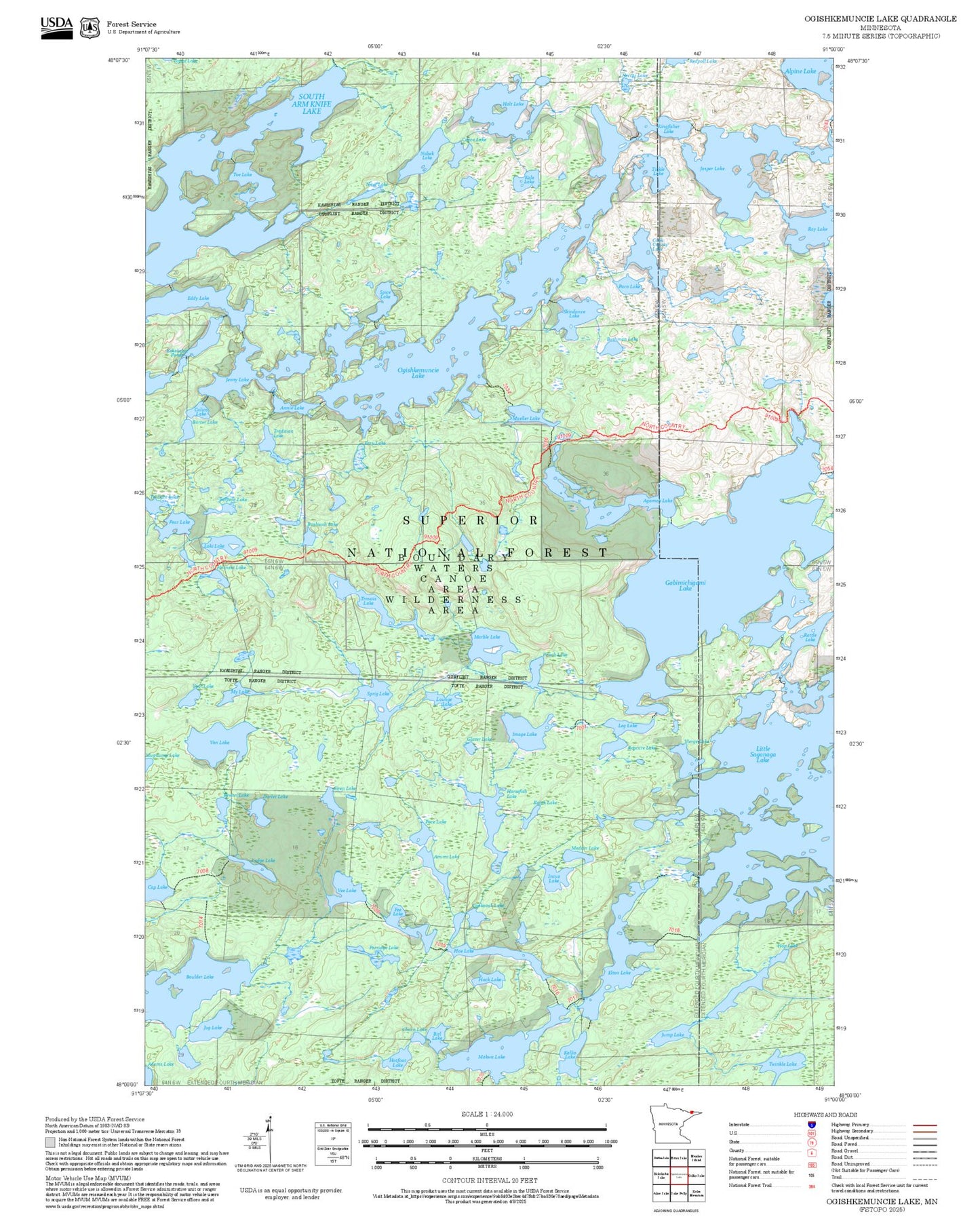 2025 Forest Service Topo Map of Ogishkemuncie Lake Minnesota
