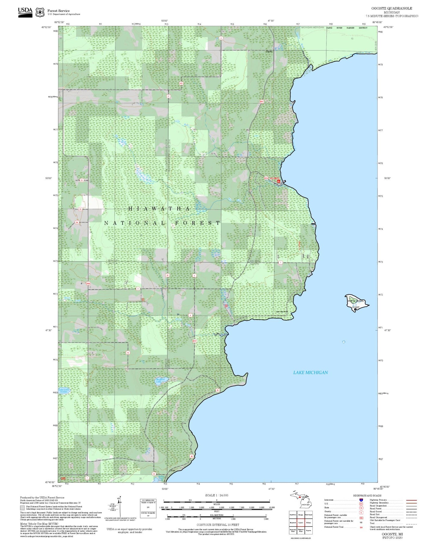 2025 Forest Service Topo Map of Ogontz Michigan