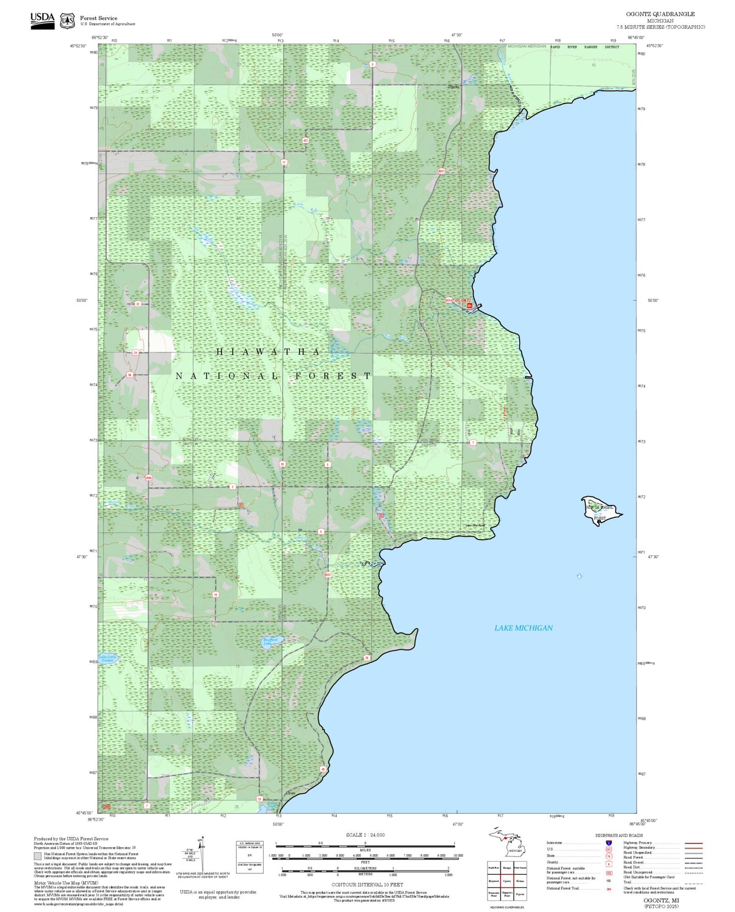 2025 Forest Service Topo Map of Ogontz Michigan