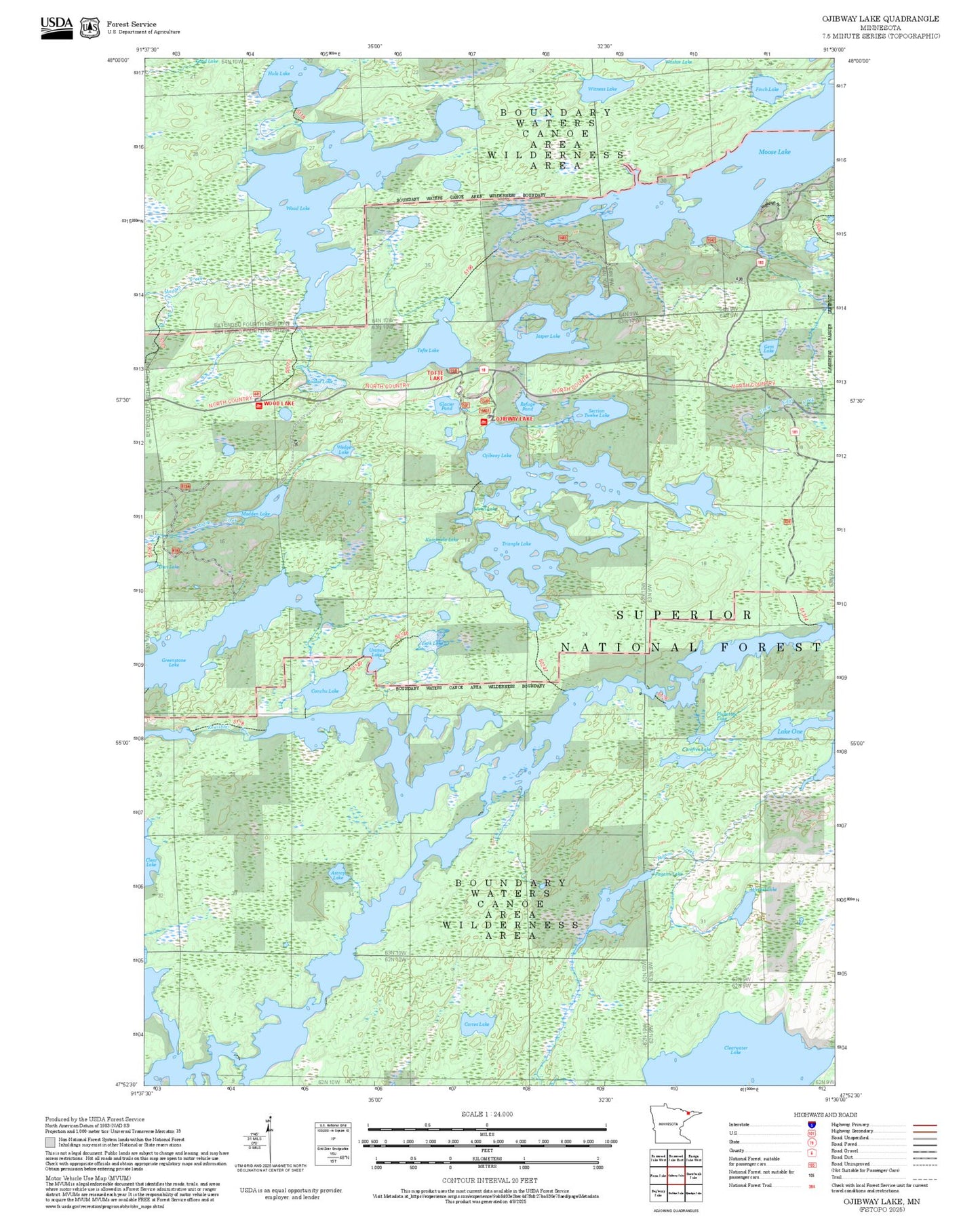 2025 Forest Service Topo Map of Ojibway Lake Minnesota
