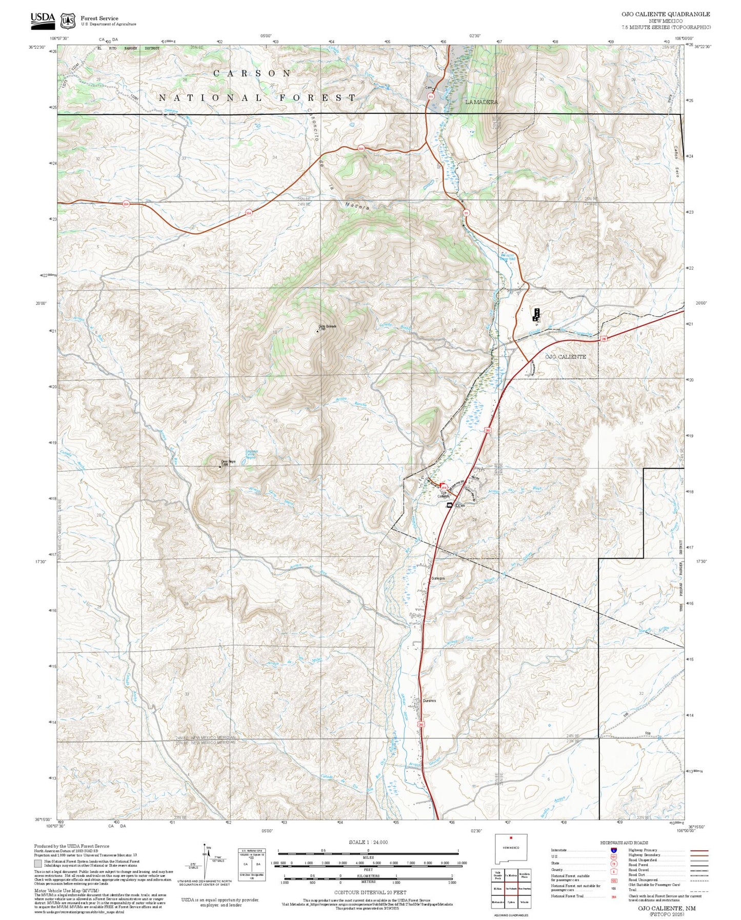 2025 Forest Service Topo Map of Ojo Caliente New Mexico