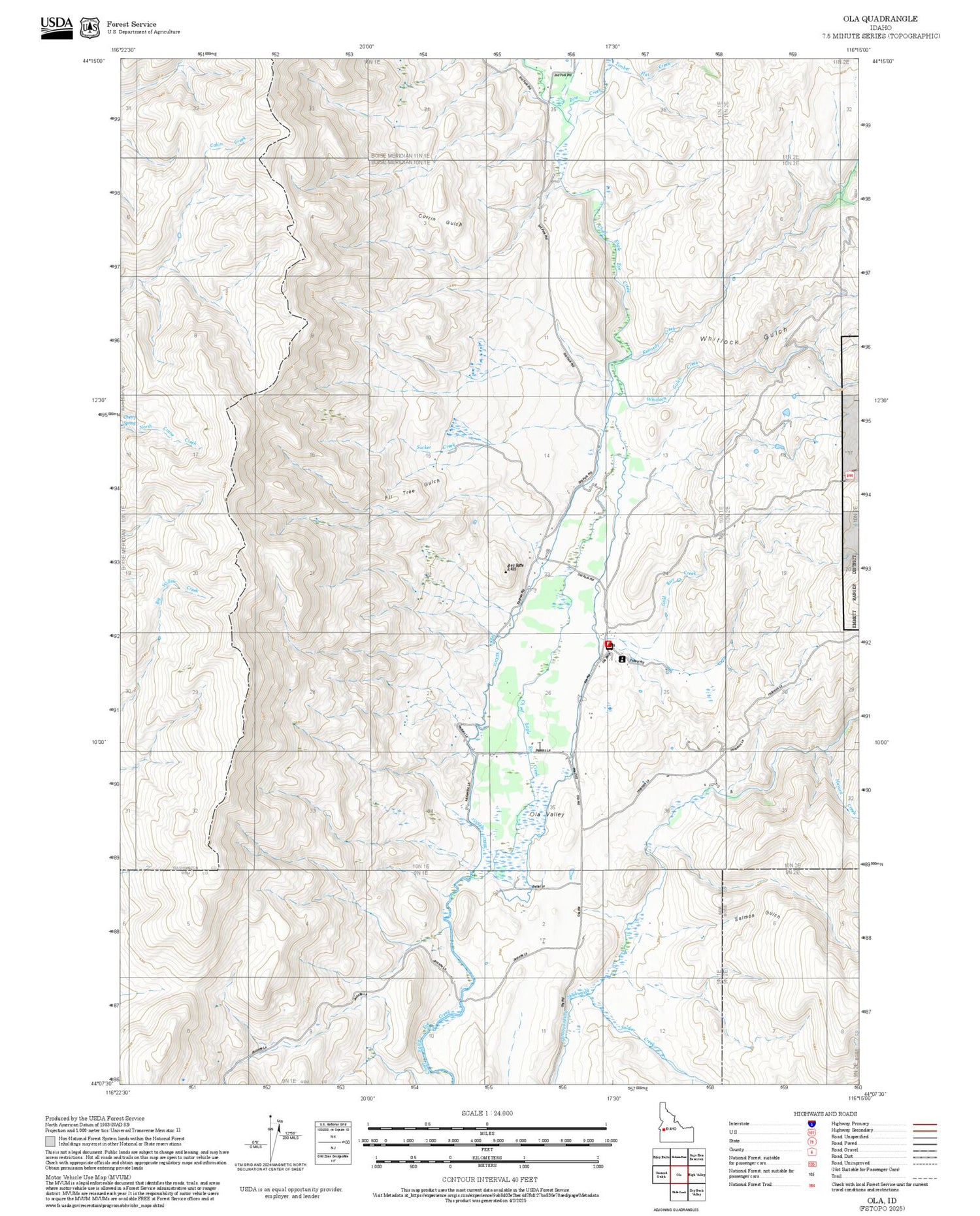 2025 Forest Service Topo Map of Ola Idaho