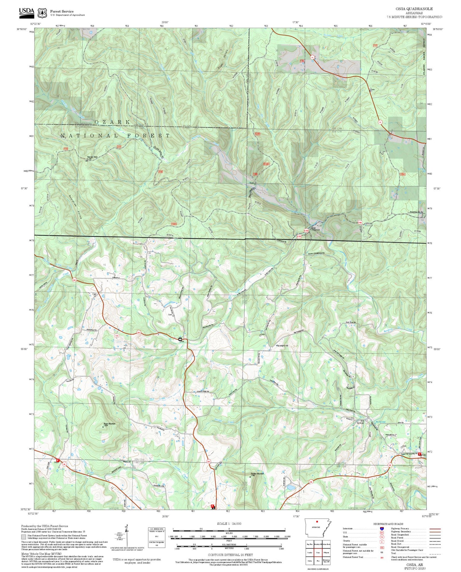 2025 Forest Service Topo Map of Onia Arkansas