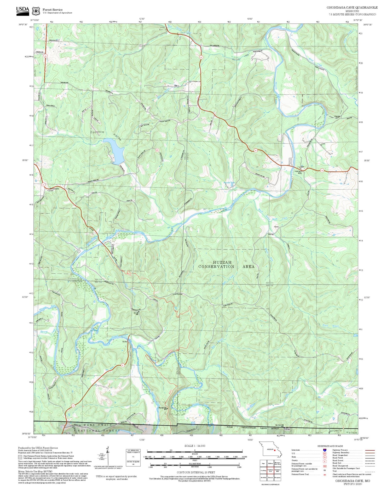 2025 Forest Service Topo Map of Onondaga Cave Missouri