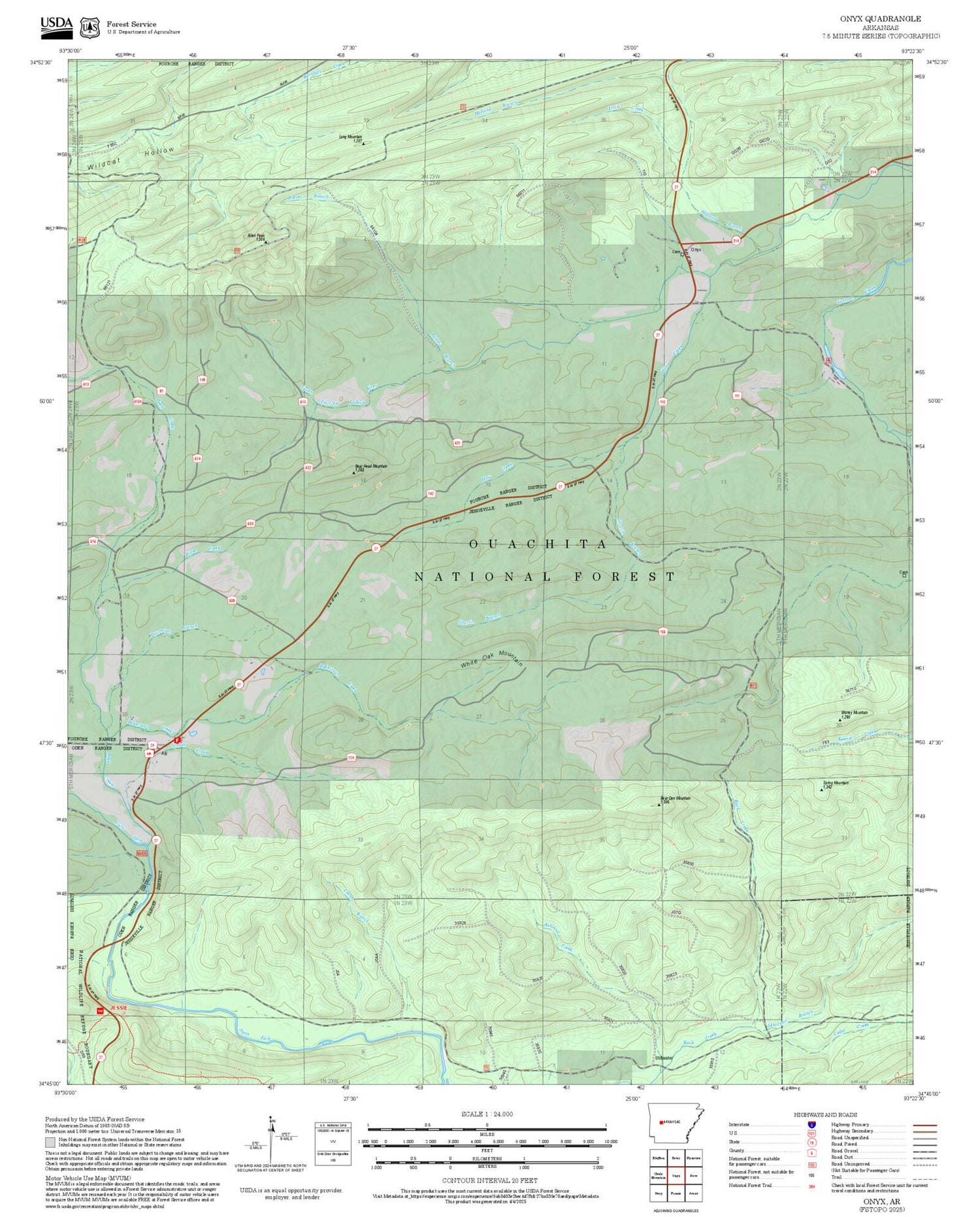 2025 Forest Service Topo Map of Onyx Arkansas