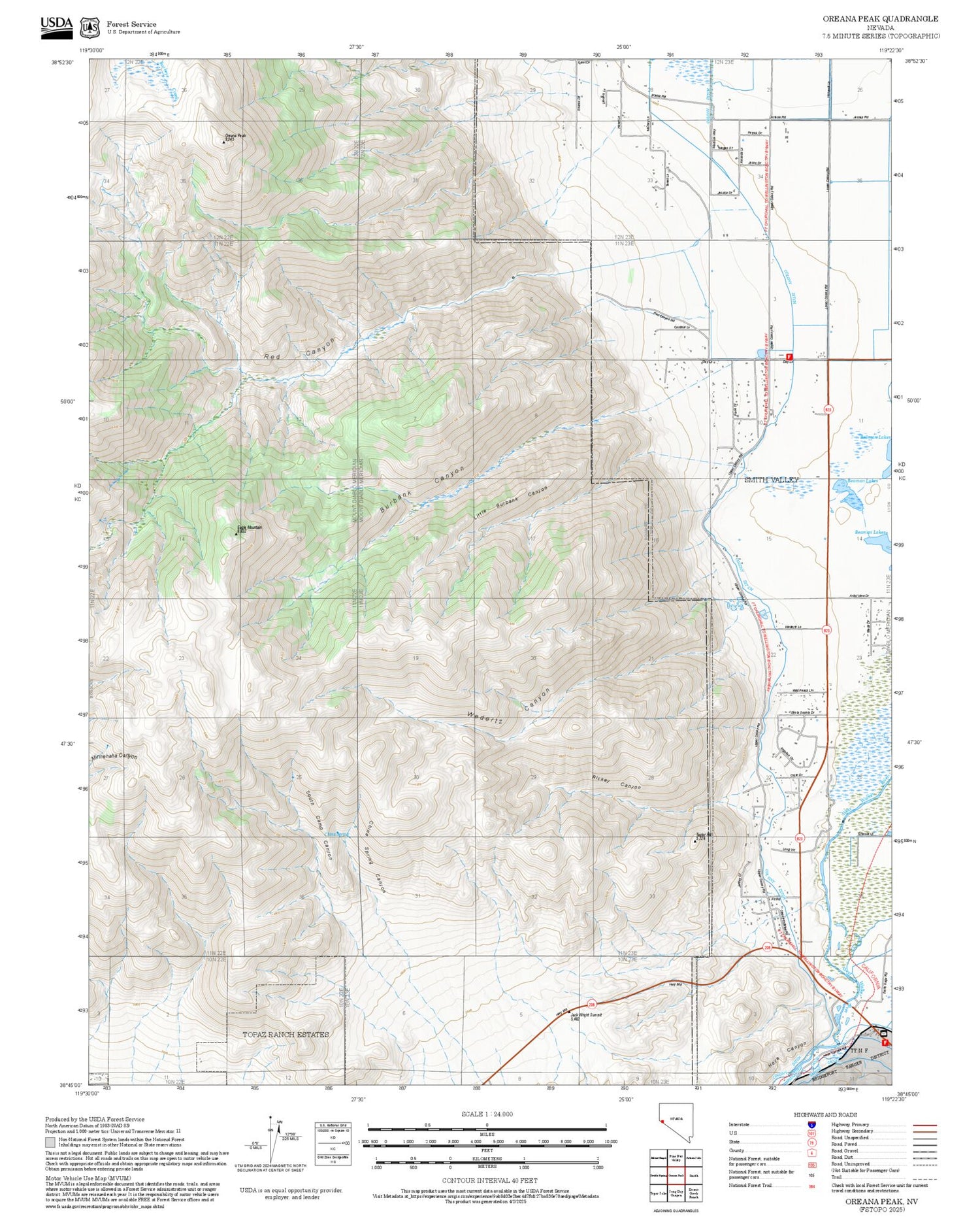 2025 Forest Service Topo Map of Oreana Peak Nevada