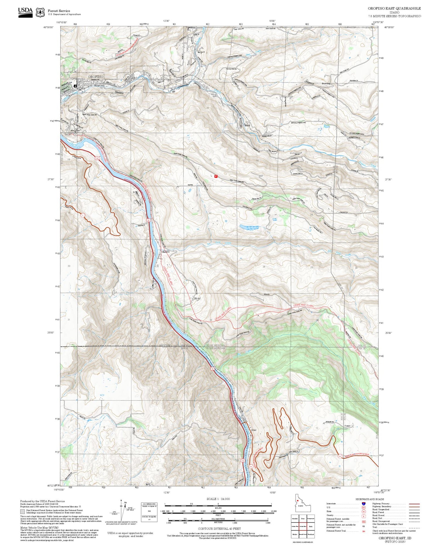 2025 Forest Service Topo Map of Orofino East Idaho